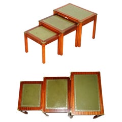 LOVELY GREEN LEATHER FLAMED HARDWOOD NEST OF THREE MILITARY CAMPAIGN TABLEs