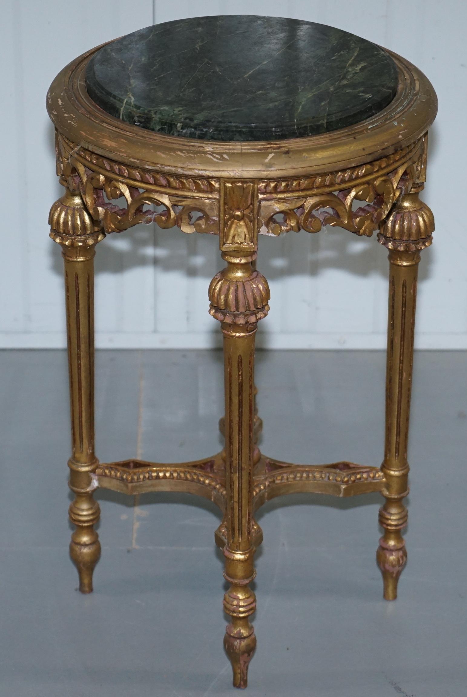 Hand-Crafted Lovely Green Marble Topped Giltwood French Rococo Stand Plants Busts Sculptures