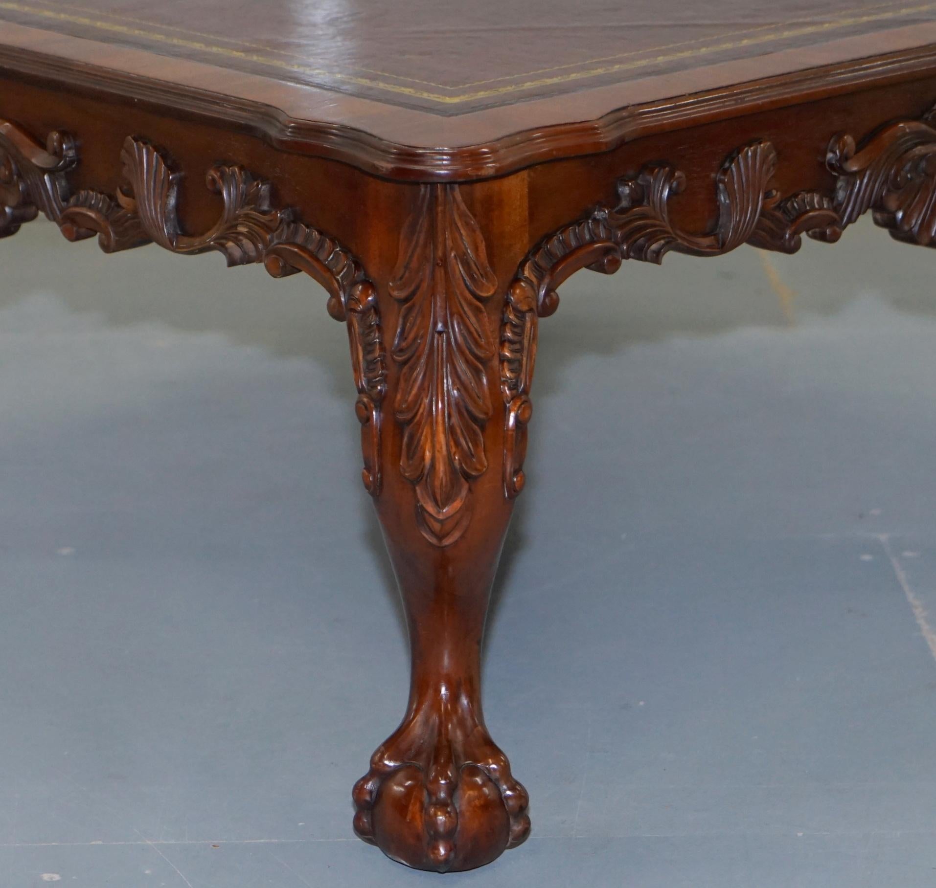 Lovely Hand Carved Brown Leather Top Mahogany Coffee Table with Claw & Ball Feet 1