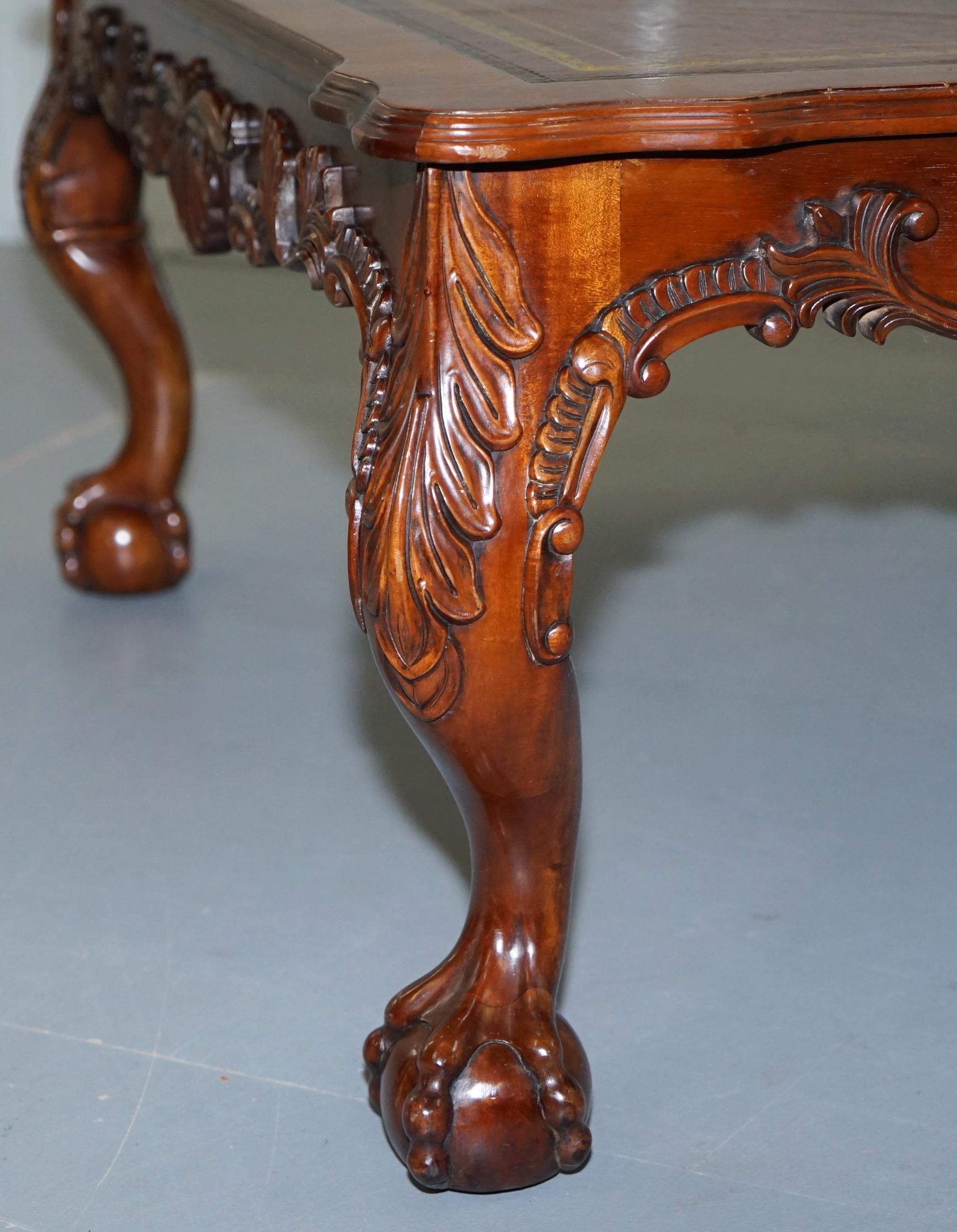Lovely Hand Carved Brown Leather Top Mahogany Coffee Table with Claw & Ball Feet 2