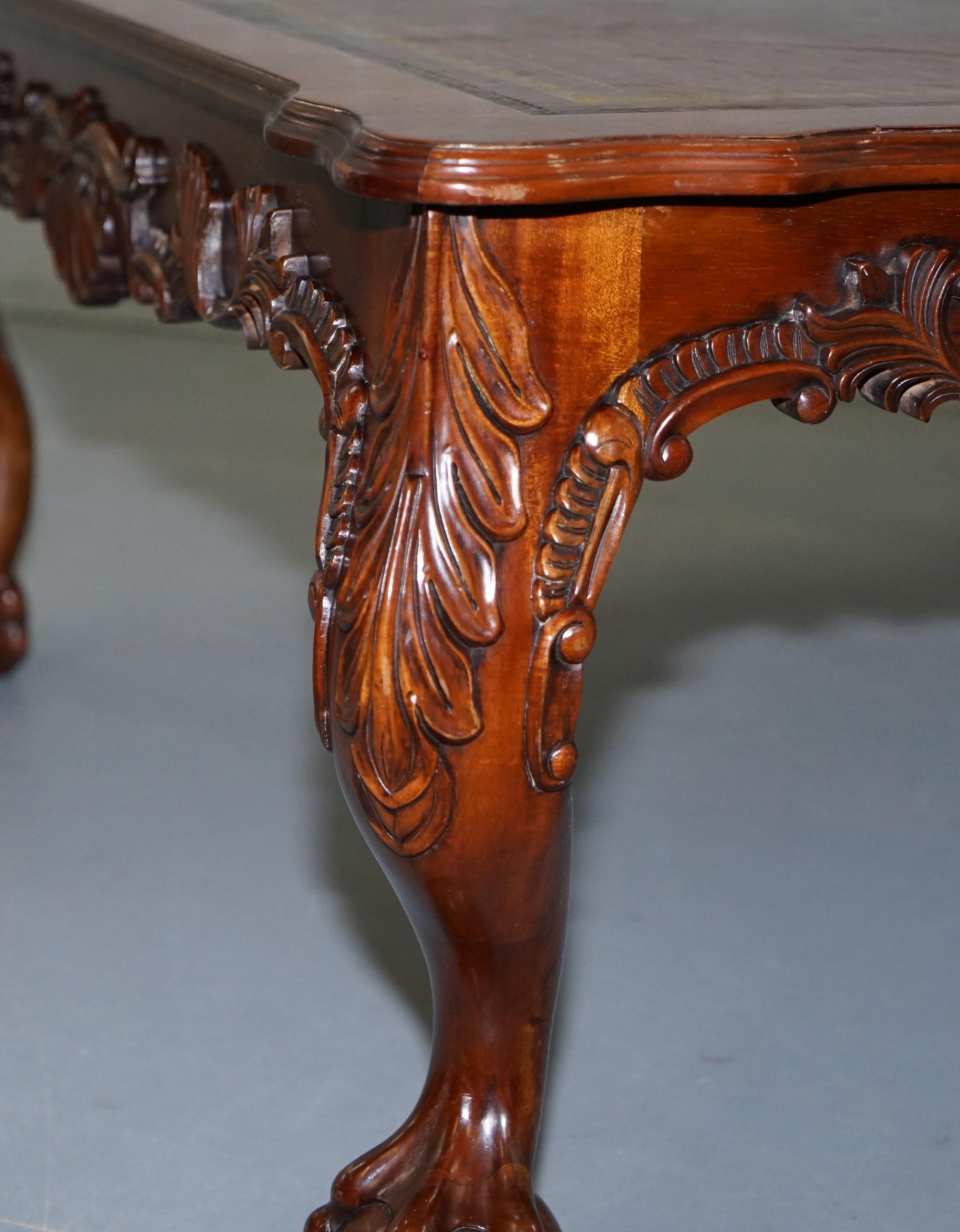 Lovely Hand Carved Brown Leather Top Mahogany Coffee Table with Claw & Ball Feet 3