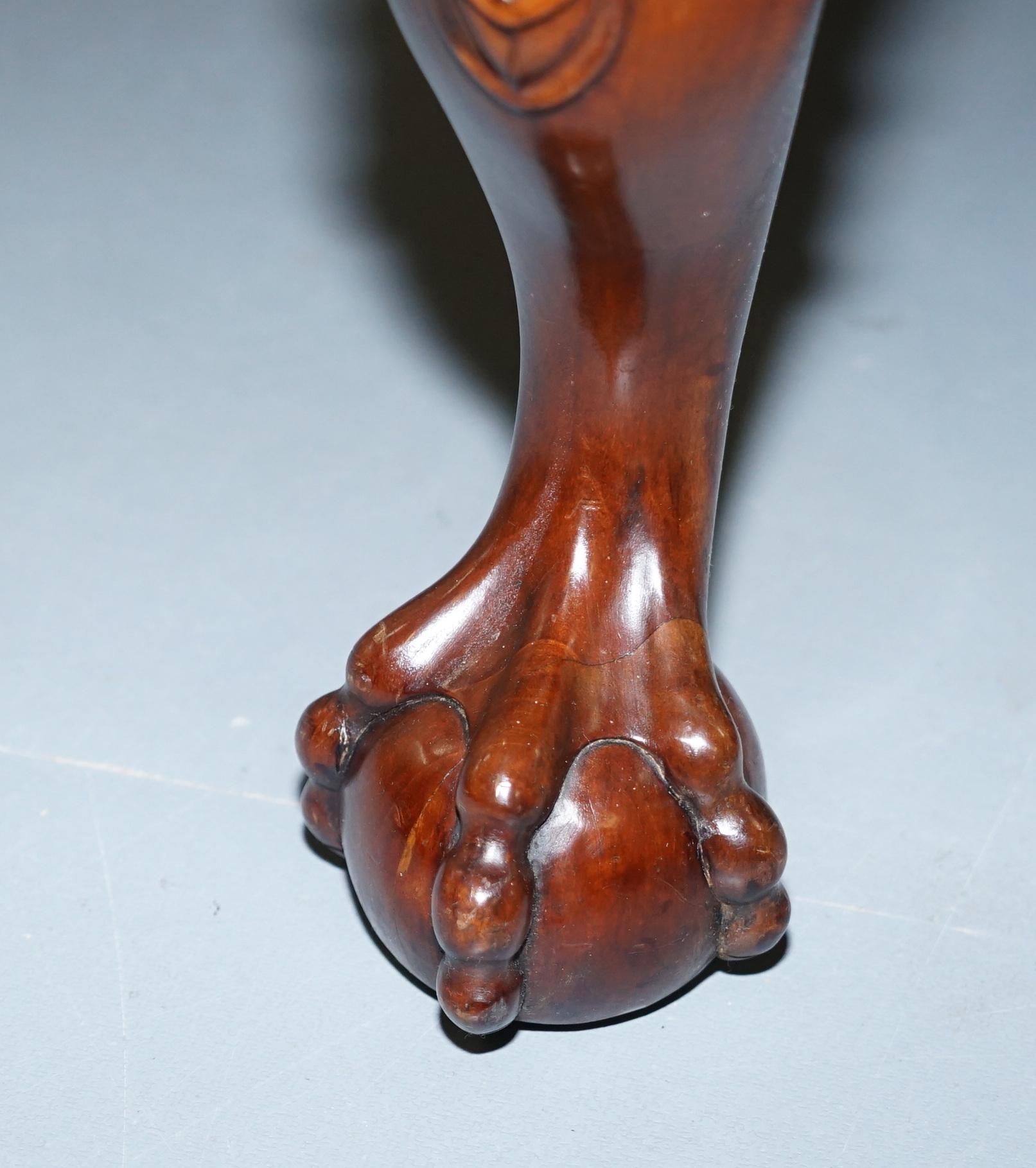 Lovely Hand Carved Brown Leather Top Mahogany Coffee Table with Claw & Ball Feet 4