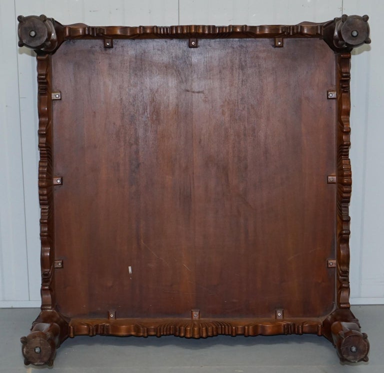Lovely Hand Carved Brown Leather Top Mahogany Coffee Table with Claw