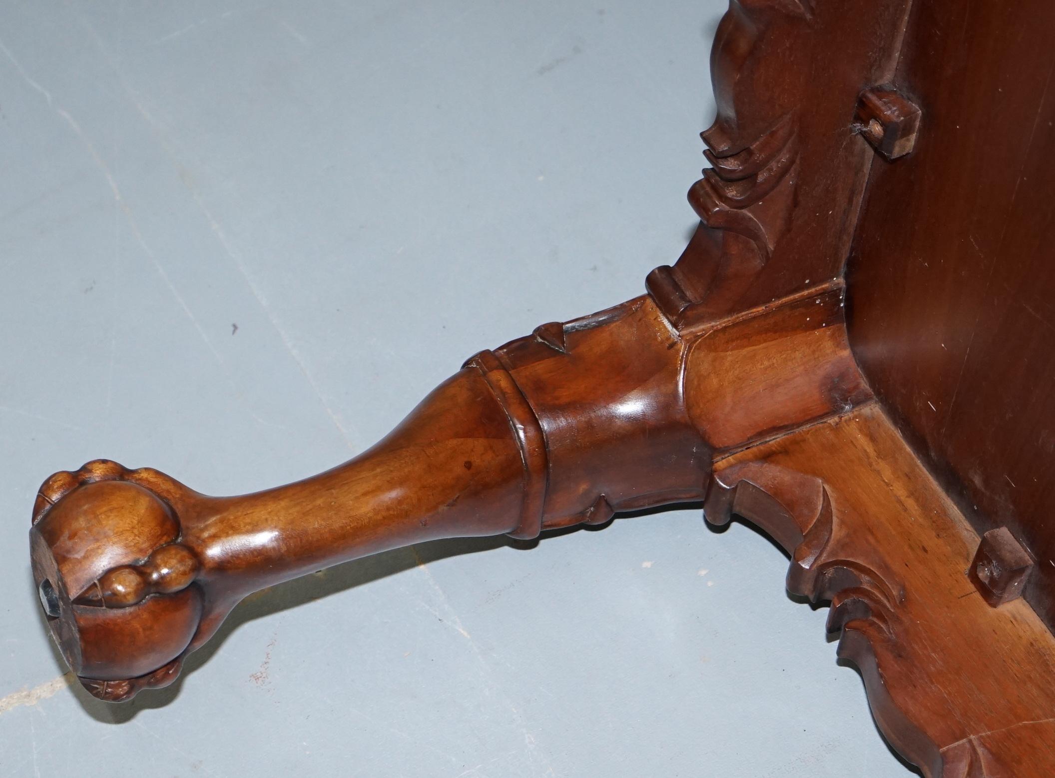 Lovely Hand Carved Brown Leather Top Mahogany Coffee Table with Claw & Ball Feet 7