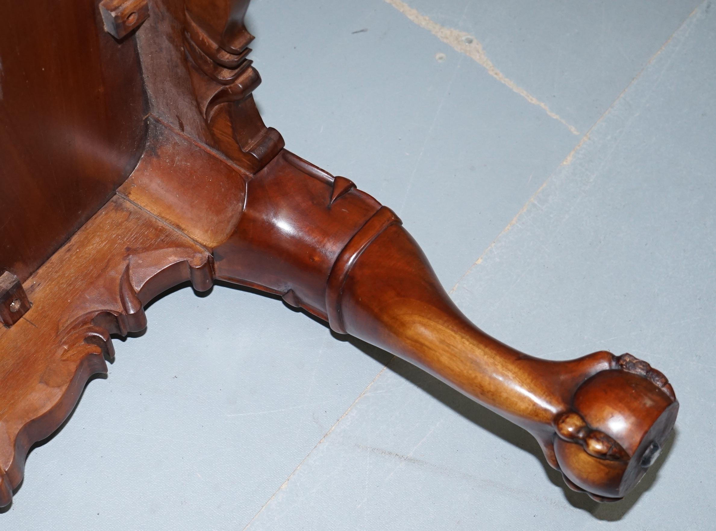 Lovely Hand Carved Brown Leather Top Mahogany Coffee Table with Claw & Ball Feet 8