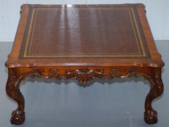 Lovely Hand Carved Brown Leather Top Mahogany Coffee Table with Claw & Ball Feet