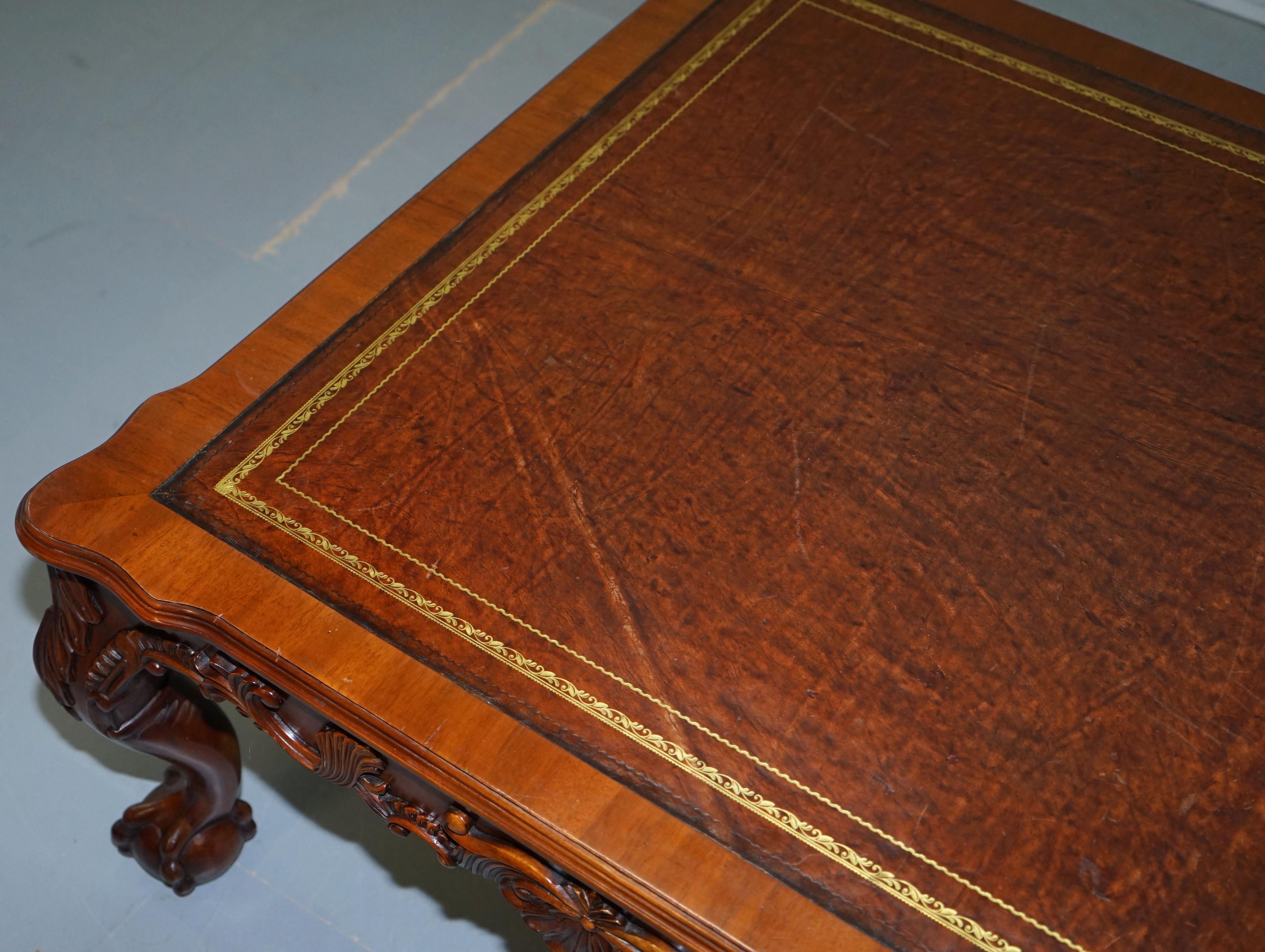 Chippendale Lovely Hand Carved Brown Leather Top Mahogany Coffee Table with Claw & Ball Feet