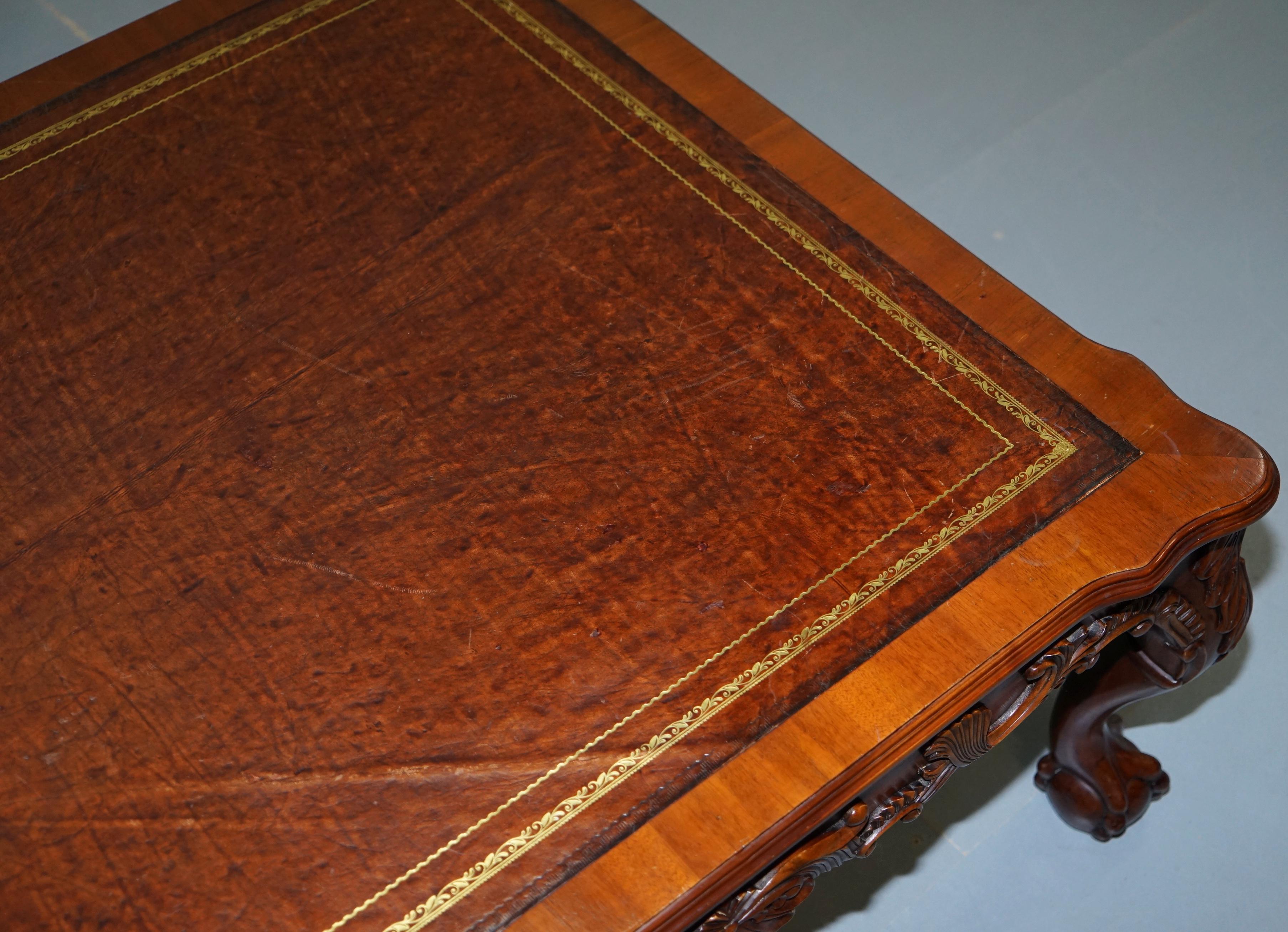 English Lovely Hand Carved Brown Leather Top Mahogany Coffee Table with Claw & Ball Feet