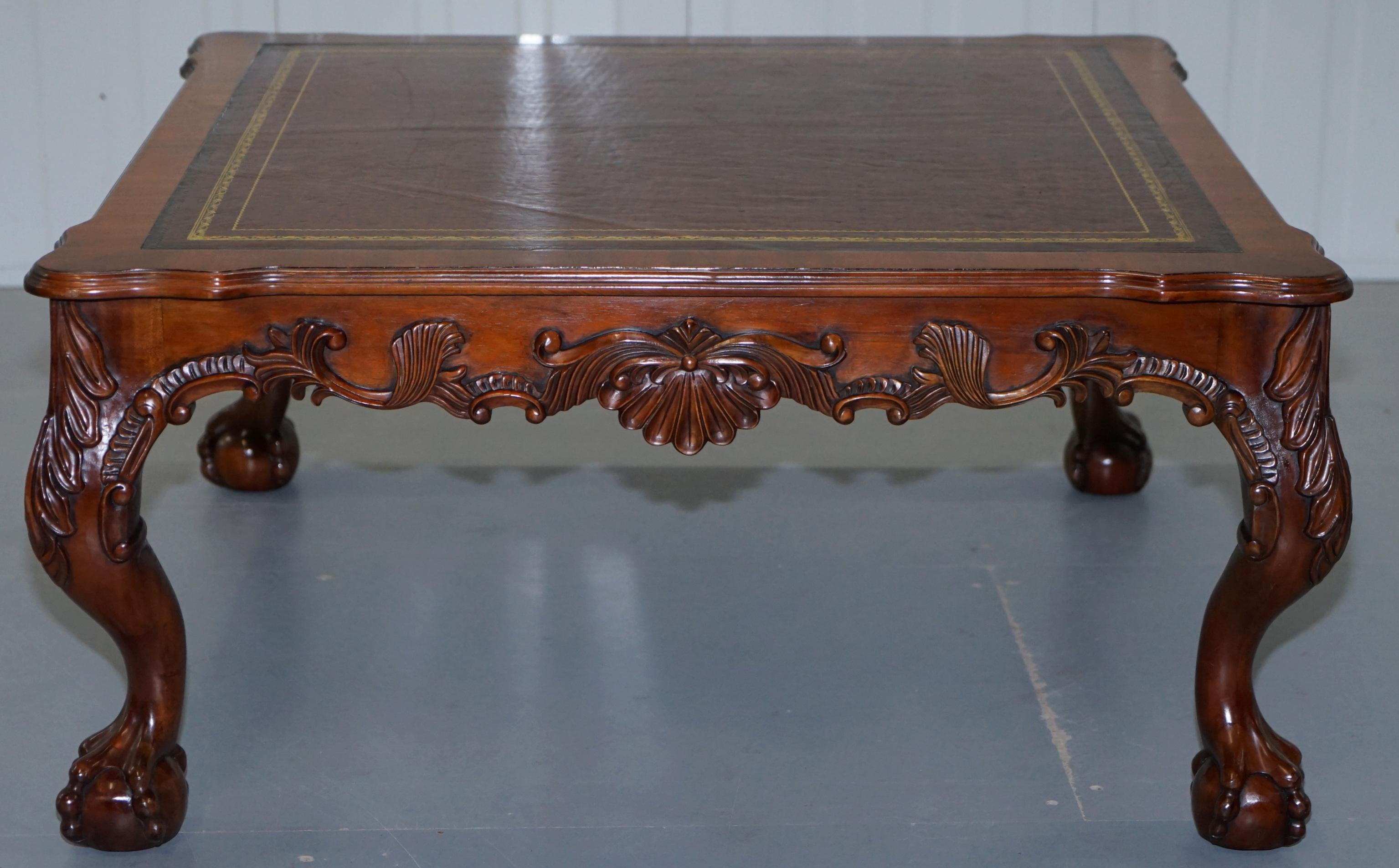 Hand-Carved Lovely Hand Carved Brown Leather Top Mahogany Coffee Table with Claw & Ball Feet