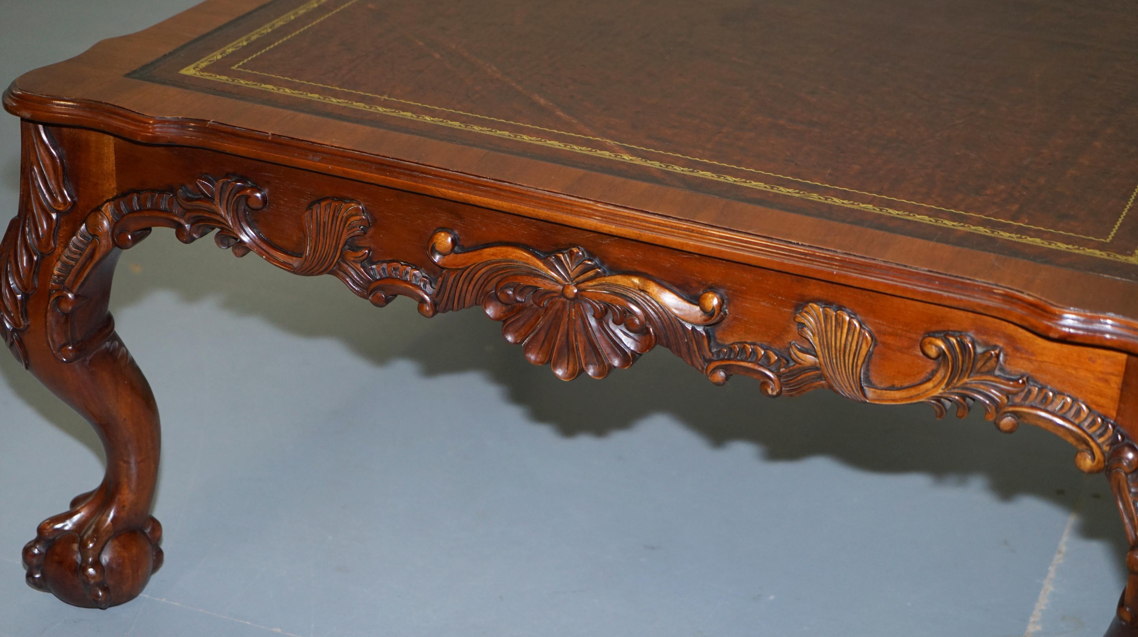 20th Century Lovely Hand Carved Brown Leather Top Mahogany Coffee Table with Claw & Ball Feet