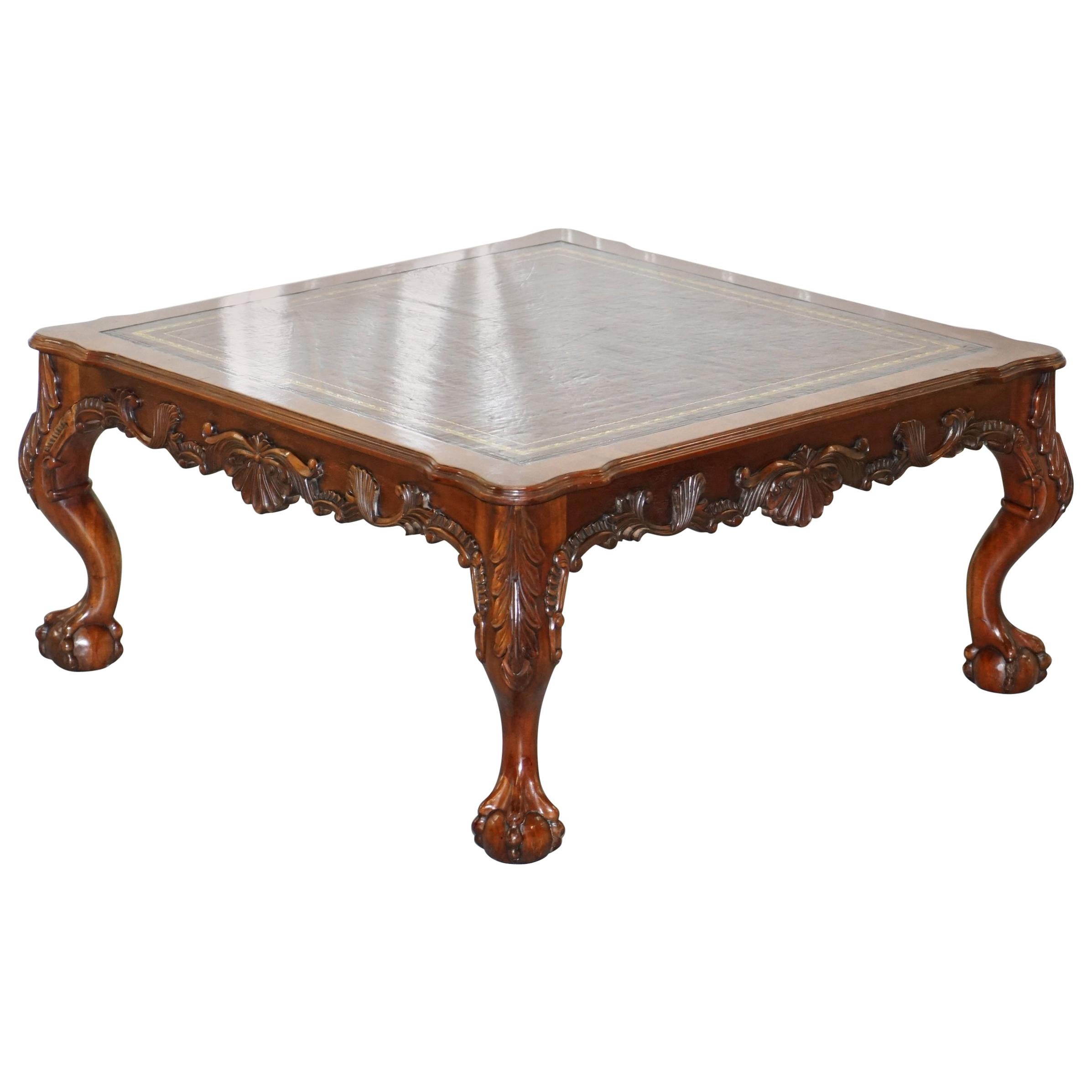 Lovely Hand Carved Brown Leather Top Mahogany Coffee Table with Claw & Ball Feet