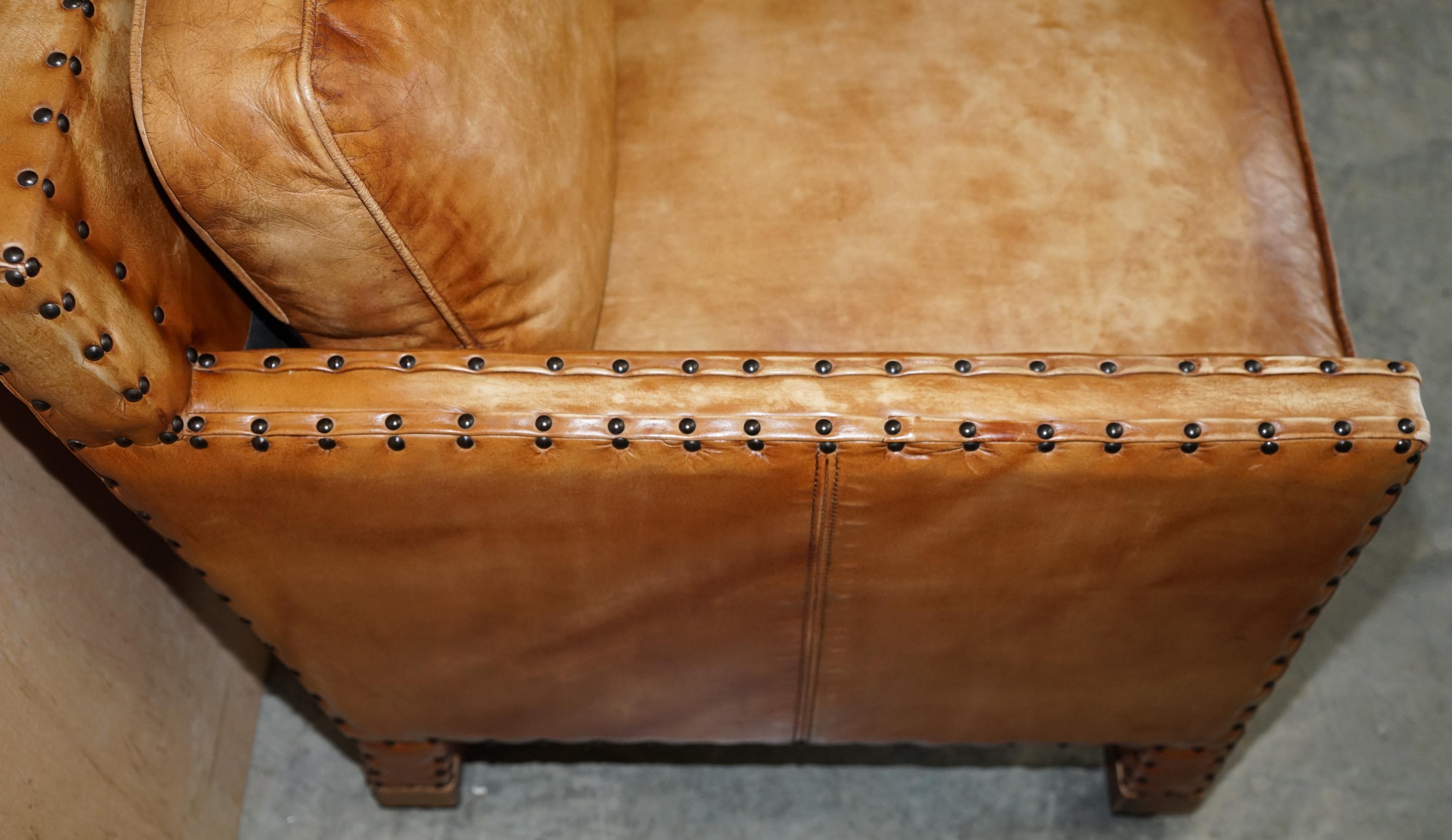 Lovely Hand Dyed Brown Leather Edwardian Style Studded Three Seat Sofa Part Set For Sale 2