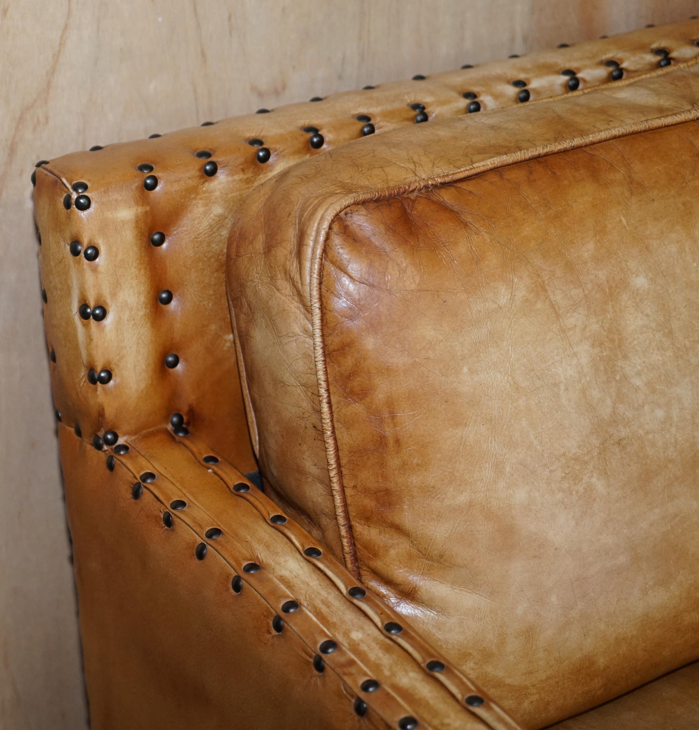 Lovely Hand Dyed Brown Leather Edwardian Style Studded Three Seat Sofa Part Set For Sale 3