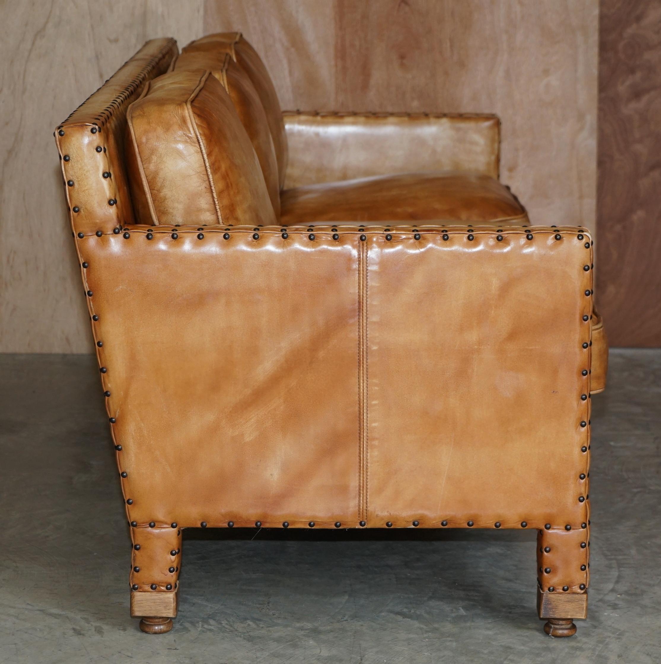 Lovely Hand Dyed Brown Leather Edwardian Style Studded Three Seat Sofa Part Set For Sale 4