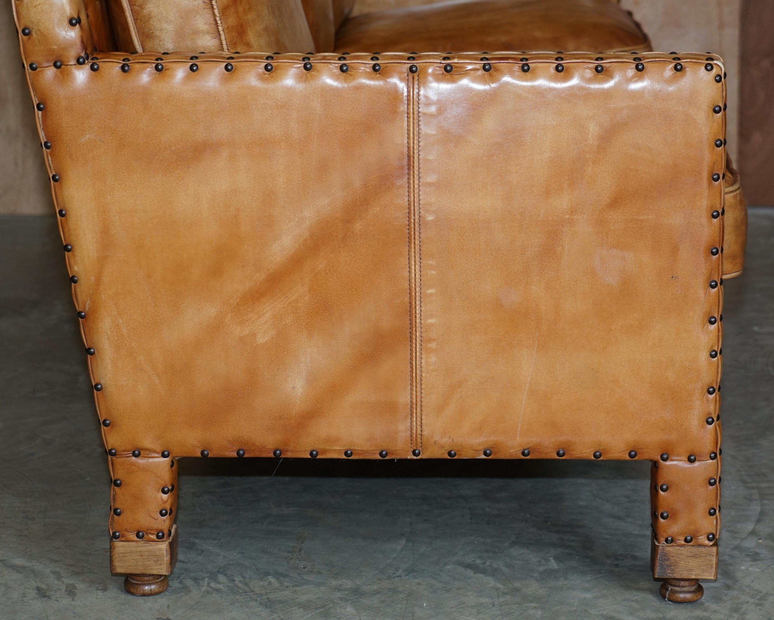 Lovely Hand Dyed Brown Leather Edwardian Style Studded Three Seat Sofa Part Set For Sale 5