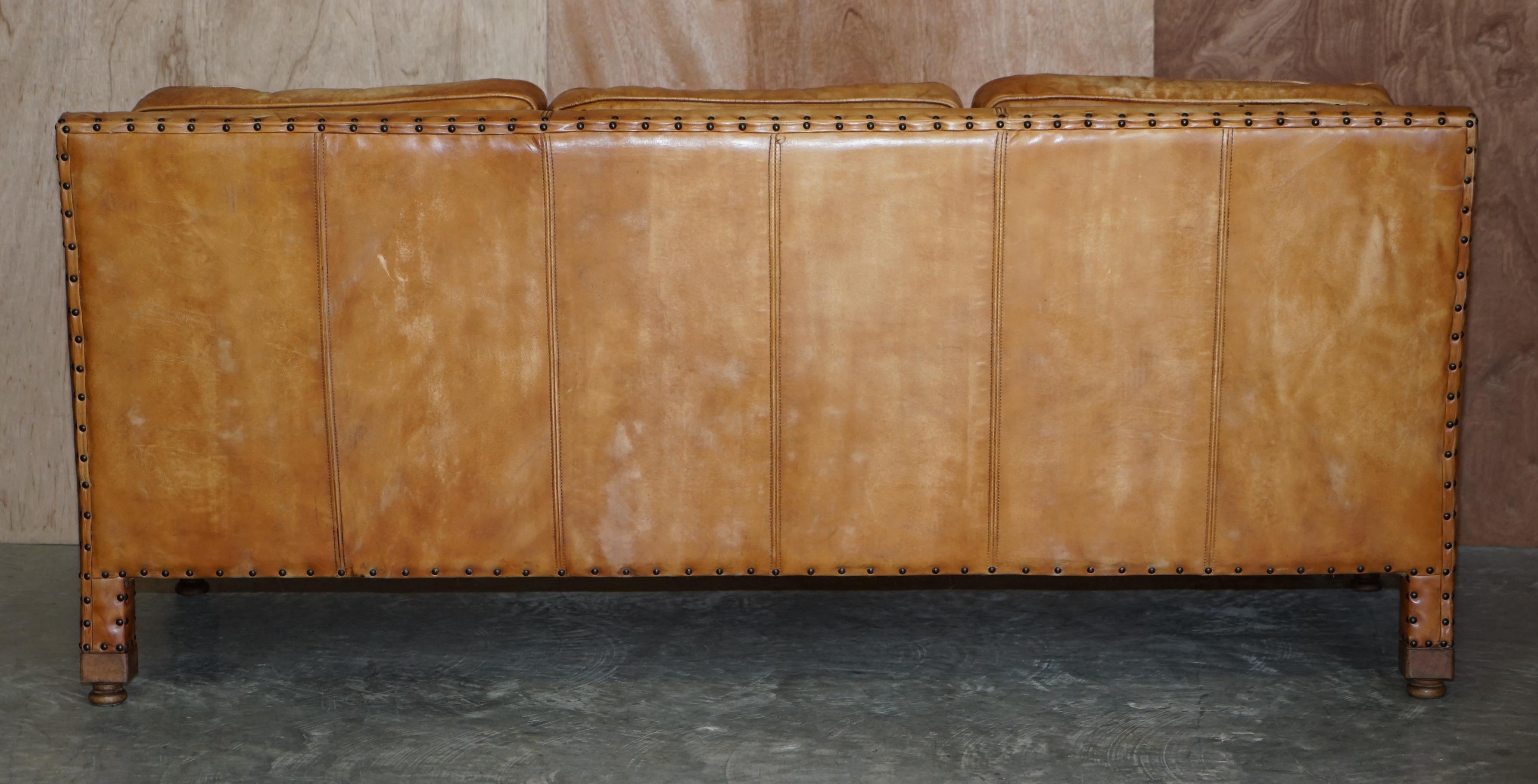 Lovely Hand Dyed Brown Leather Edwardian Style Studded Three Seat Sofa Part Set For Sale 6