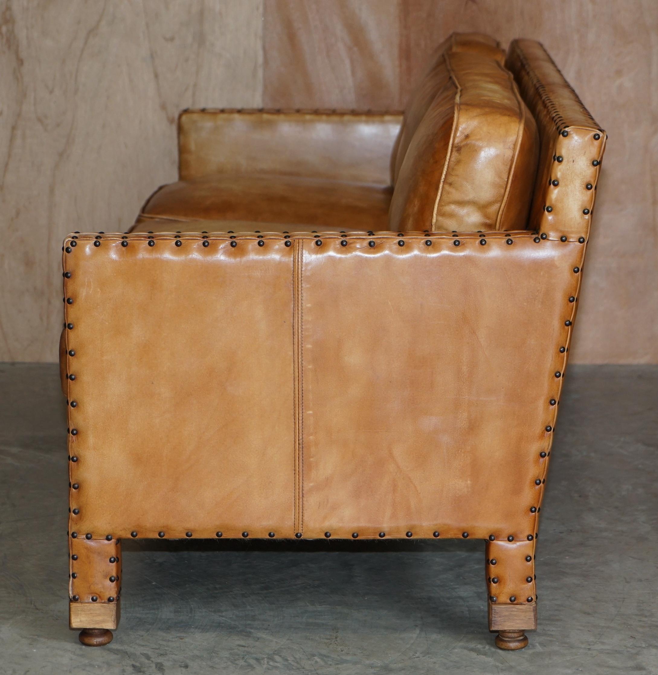 Lovely Hand Dyed Brown Leather Edwardian Style Studded Three Seat Sofa Part Set For Sale 7