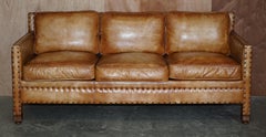 Lovely Hand Dyed Brown Leather Edwardian Style Studded Three Seat Sofa Part Set