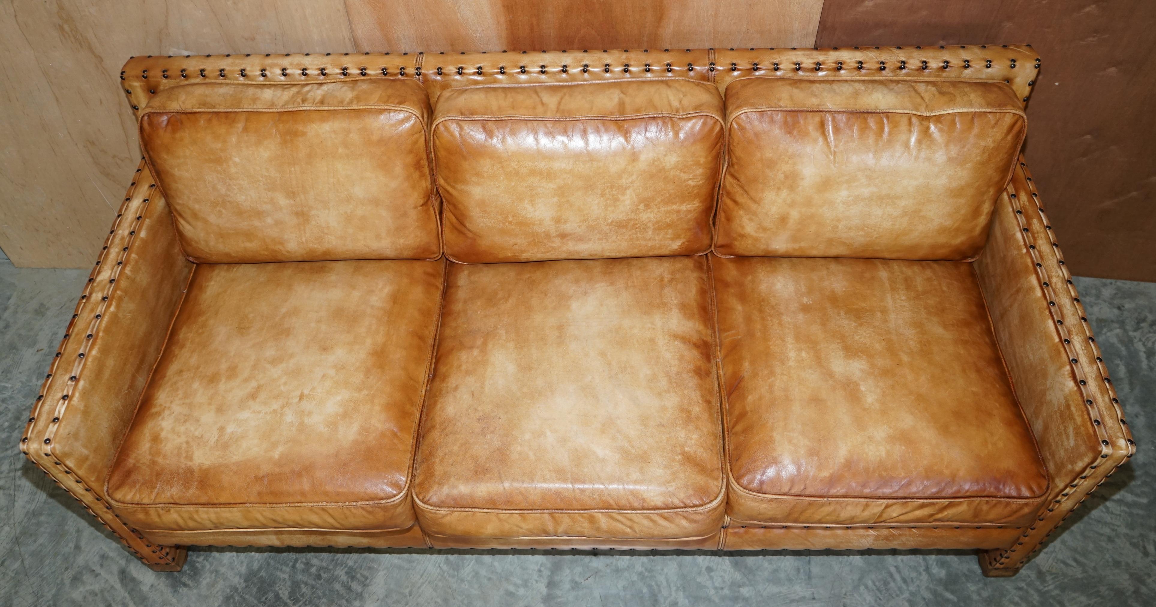 English Lovely Hand Dyed Brown Leather Edwardian Style Studded Three Seat Sofa Part Set For Sale