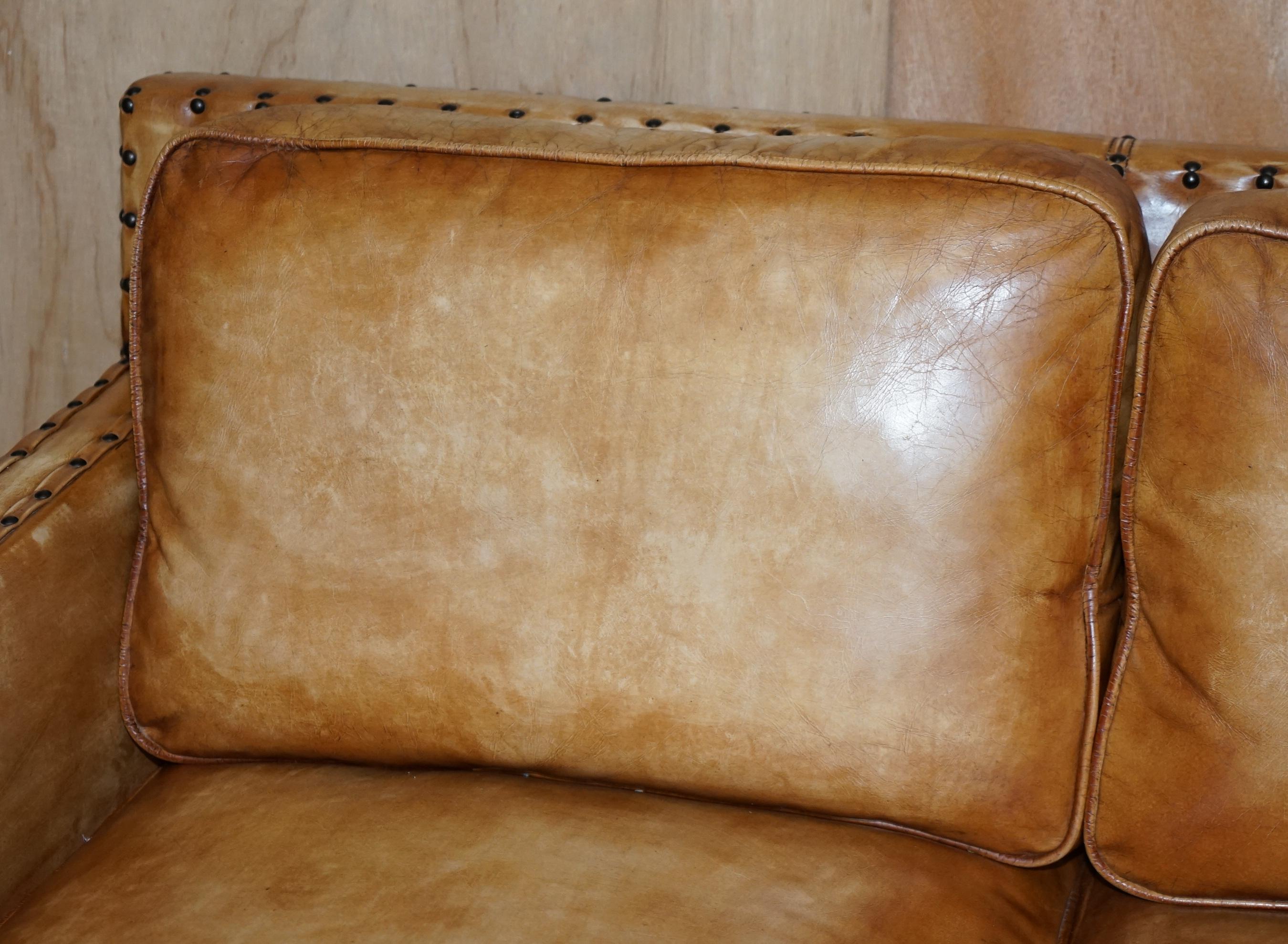 Hand-Crafted Lovely Hand Dyed Brown Leather Edwardian Style Studded Three Seat Sofa Part Set For Sale