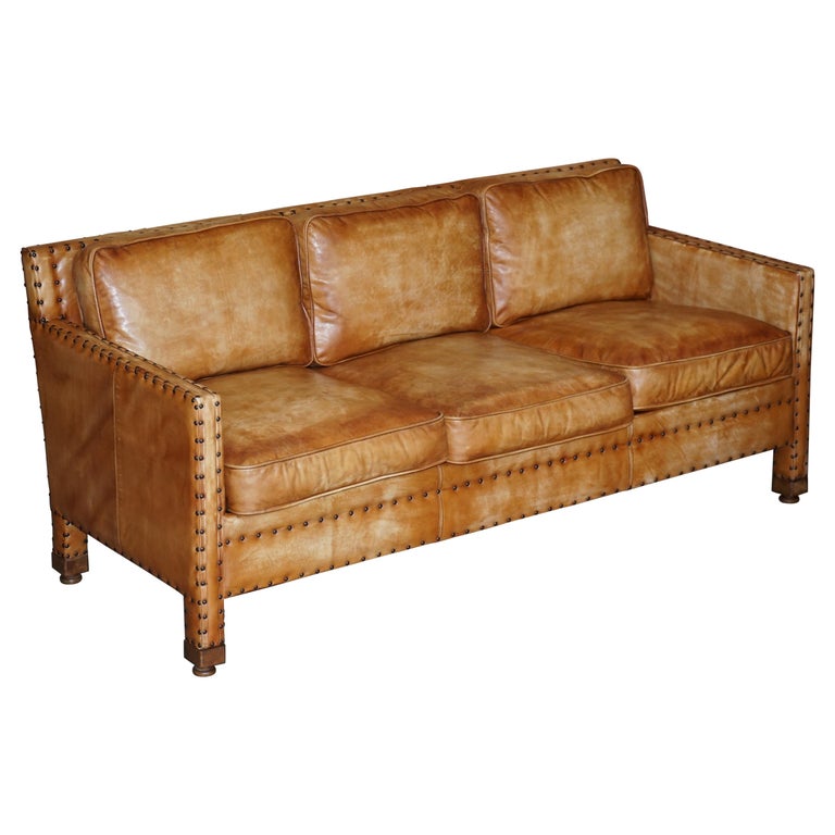 Hand Dyed Brown Leather Edwardian Style, Studded Leather Couch