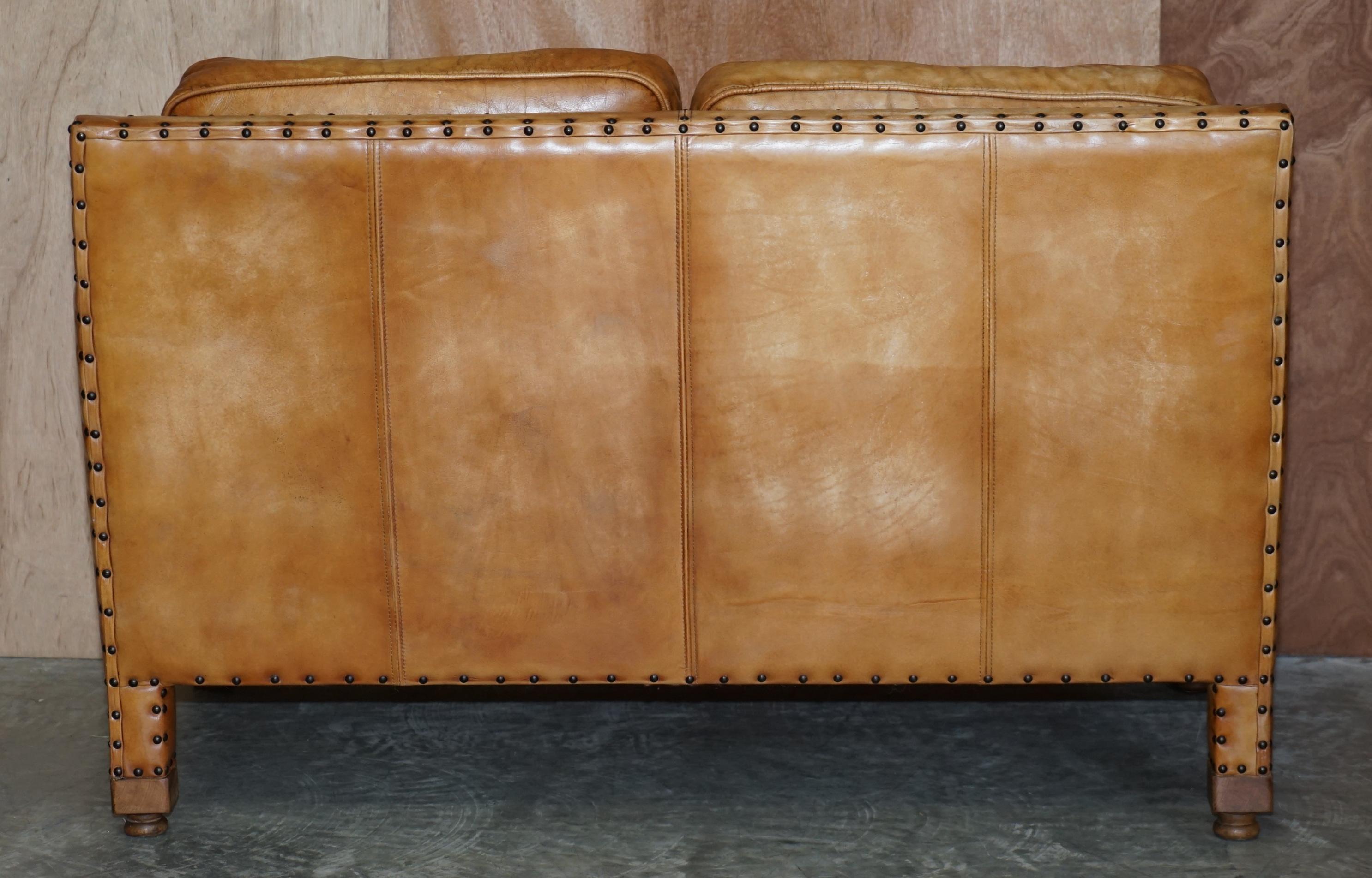 Lovely Hand Dyed Brown Leather Edwardian Style Studded Two Seat Sofa Part Set For Sale 4