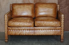 Lovely Hand Dyed Brown Leather Edwardian Style Studded Two Seat Sofa Part Set