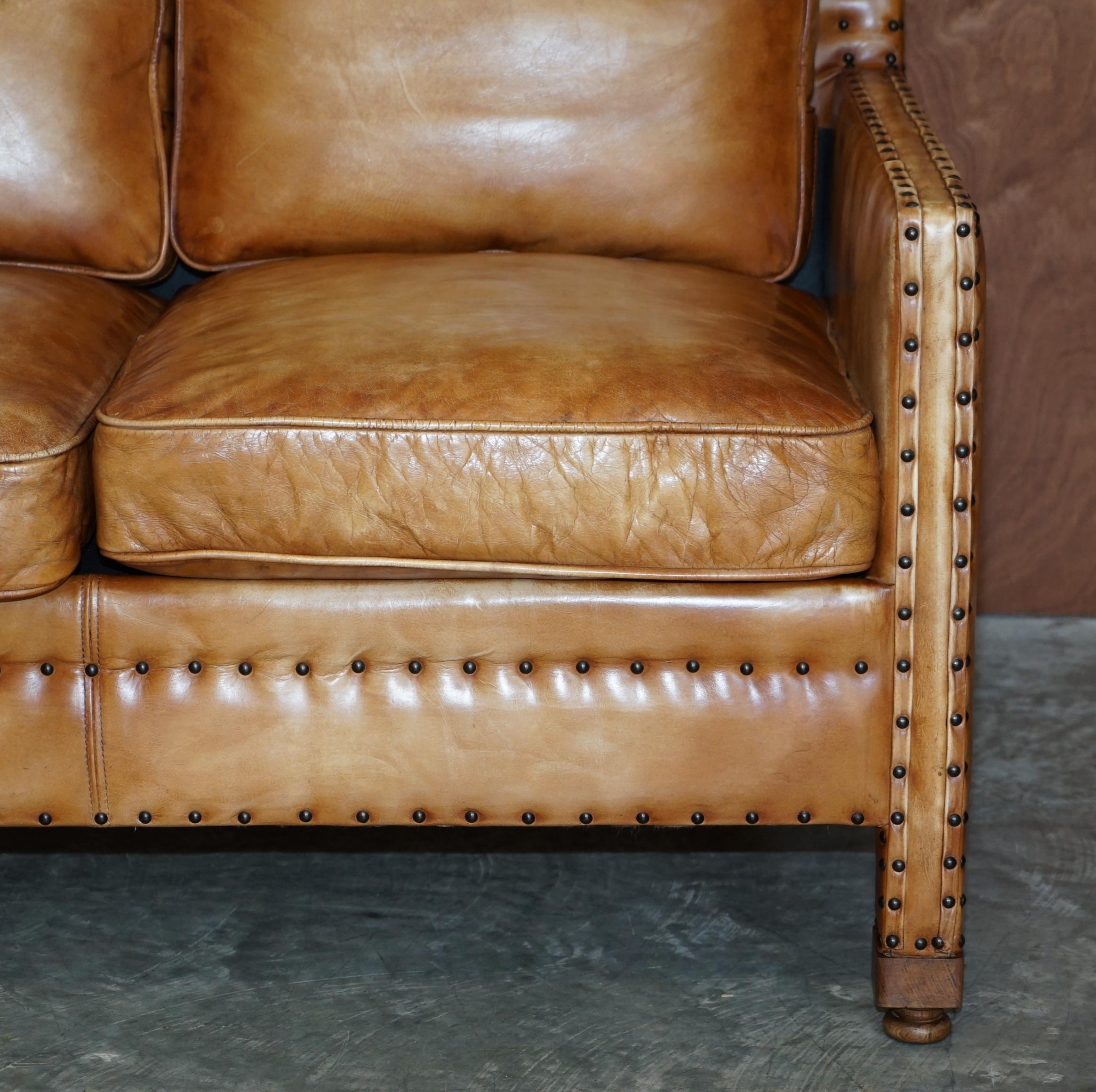 20th Century Lovely Hand Dyed Brown Leather Edwardian Style Studded Two Seat Sofa Part Set For Sale