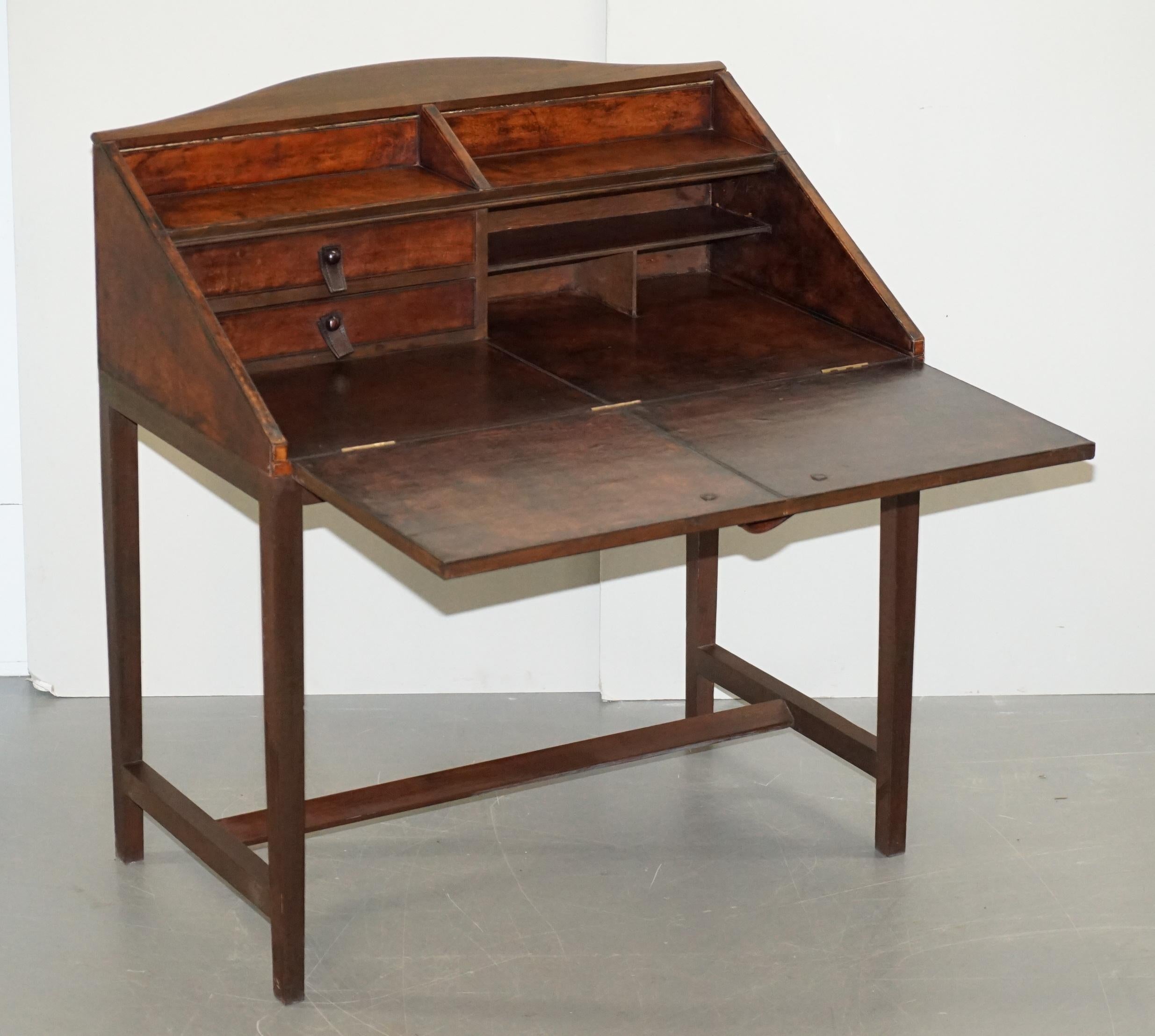 Lovely Hand Dyed Brown Leather Writing Table Desk or Bureau with Twin Drawers 4