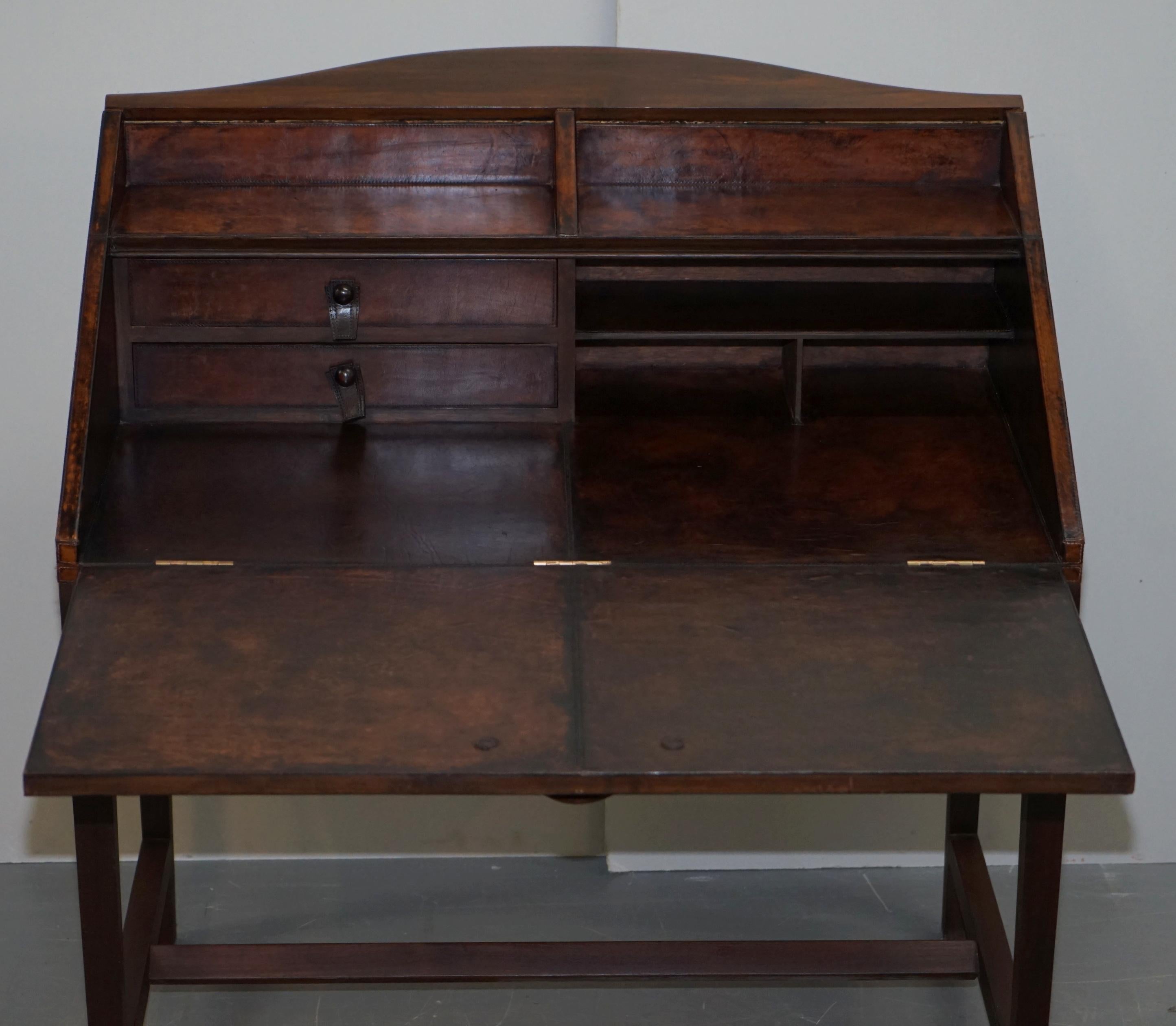 Lovely Hand Dyed Brown Leather Writing Table Desk or Bureau with Twin Drawers 5