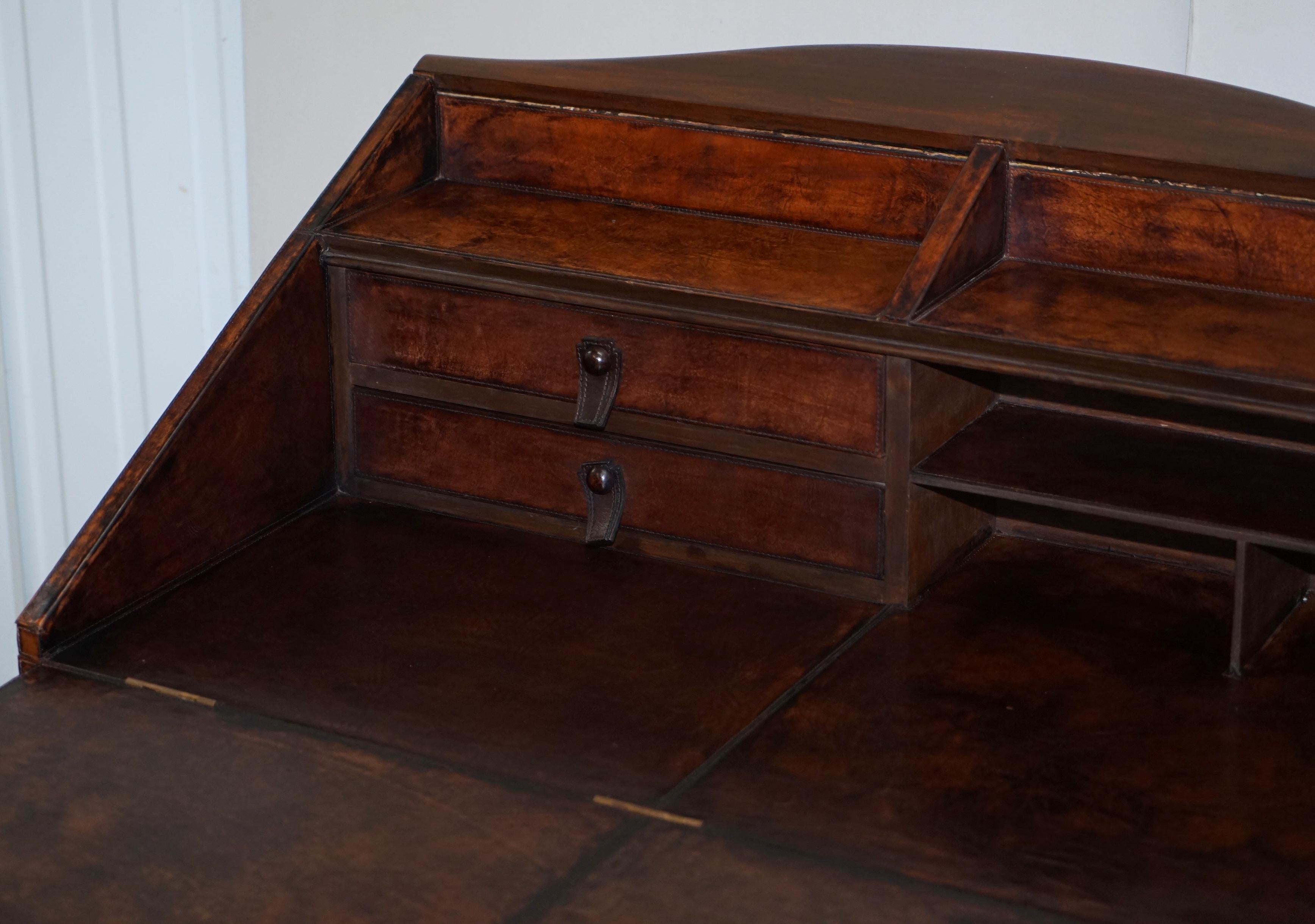 Lovely Hand Dyed Brown Leather Writing Table Desk or Bureau with Twin Drawers 6