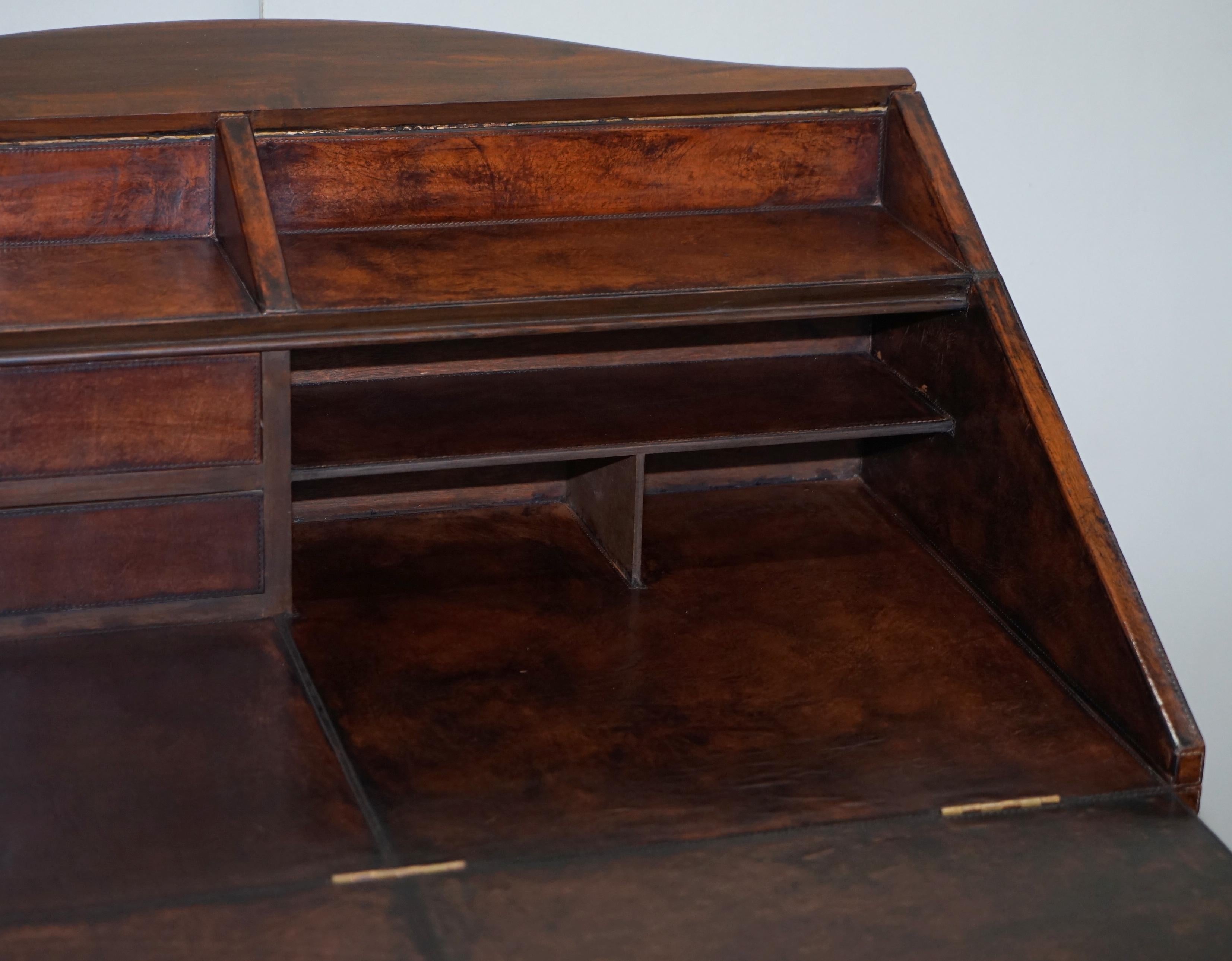 Lovely Hand Dyed Brown Leather Writing Table Desk or Bureau with Twin Drawers 7