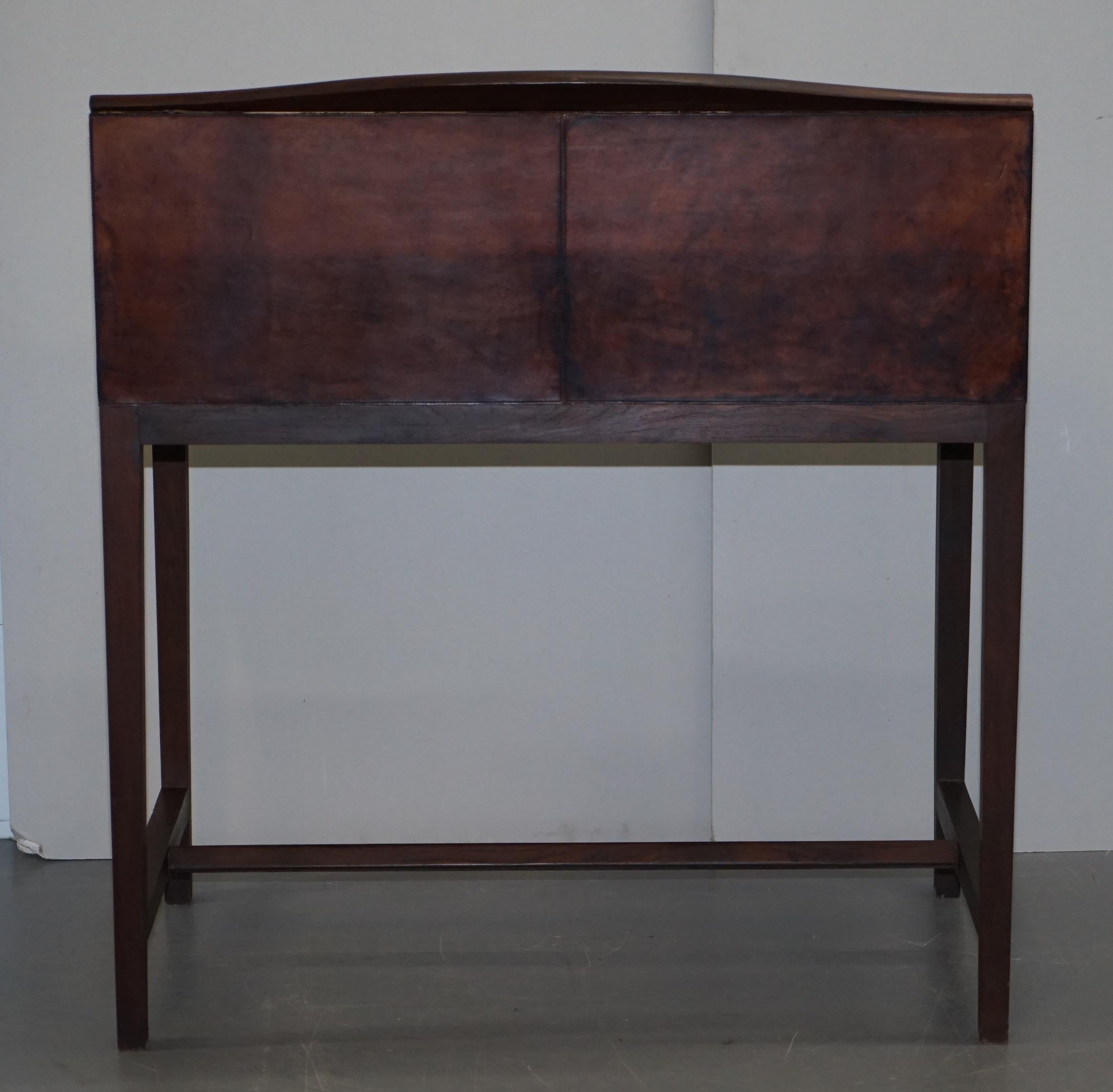 Lovely Hand Dyed Brown Leather Writing Table Desk or Bureau with Twin Drawers 13