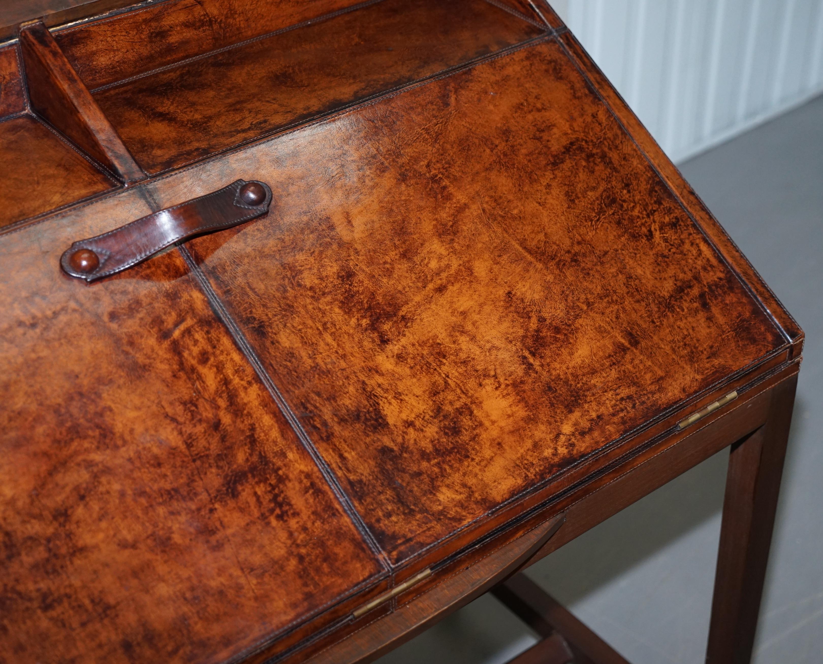 Hand-Crafted Lovely Hand Dyed Brown Leather Writing Table Desk or Bureau with Twin Drawers