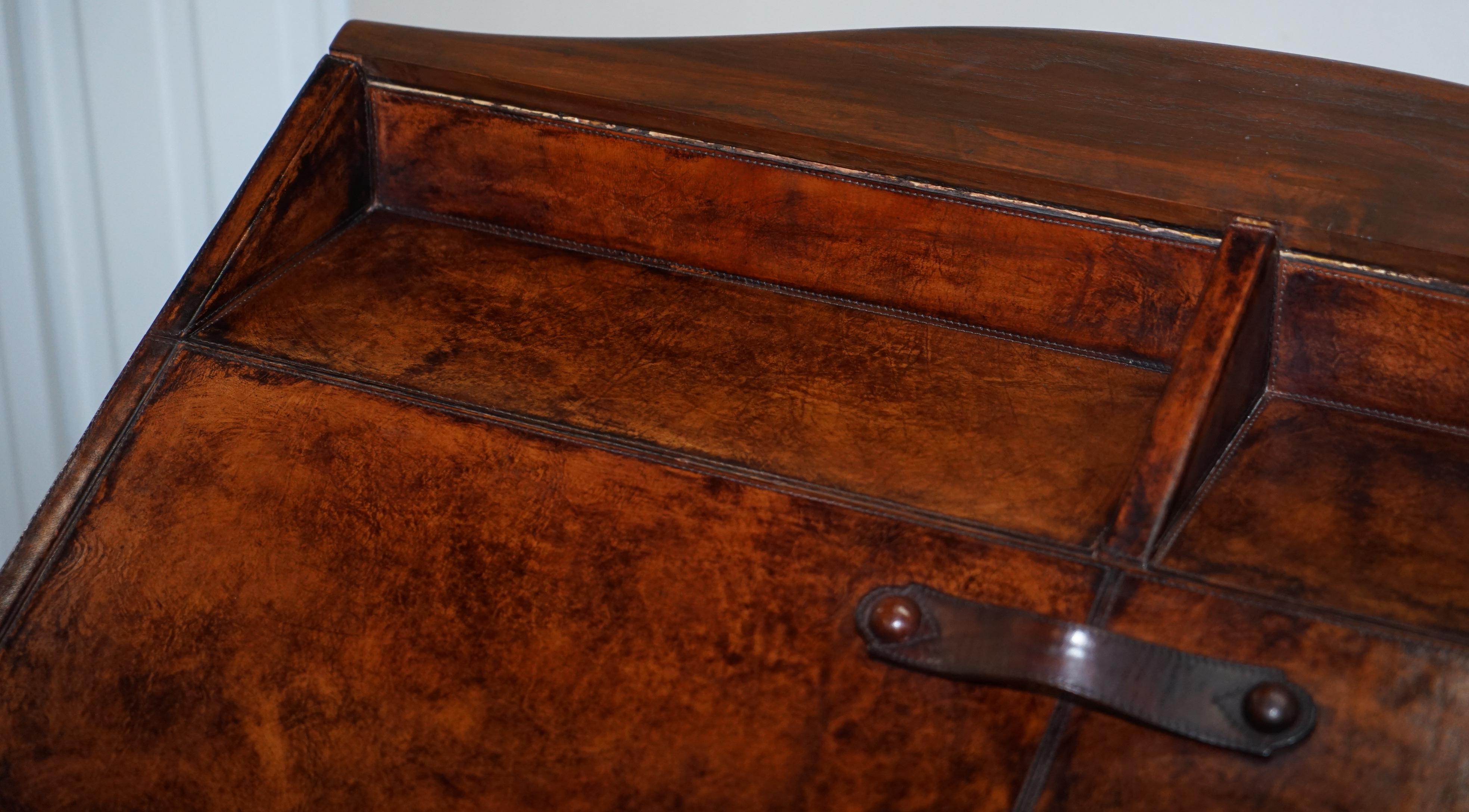 Lovely Hand Dyed Brown Leather Writing Table Desk or Bureau with Twin Drawers 1