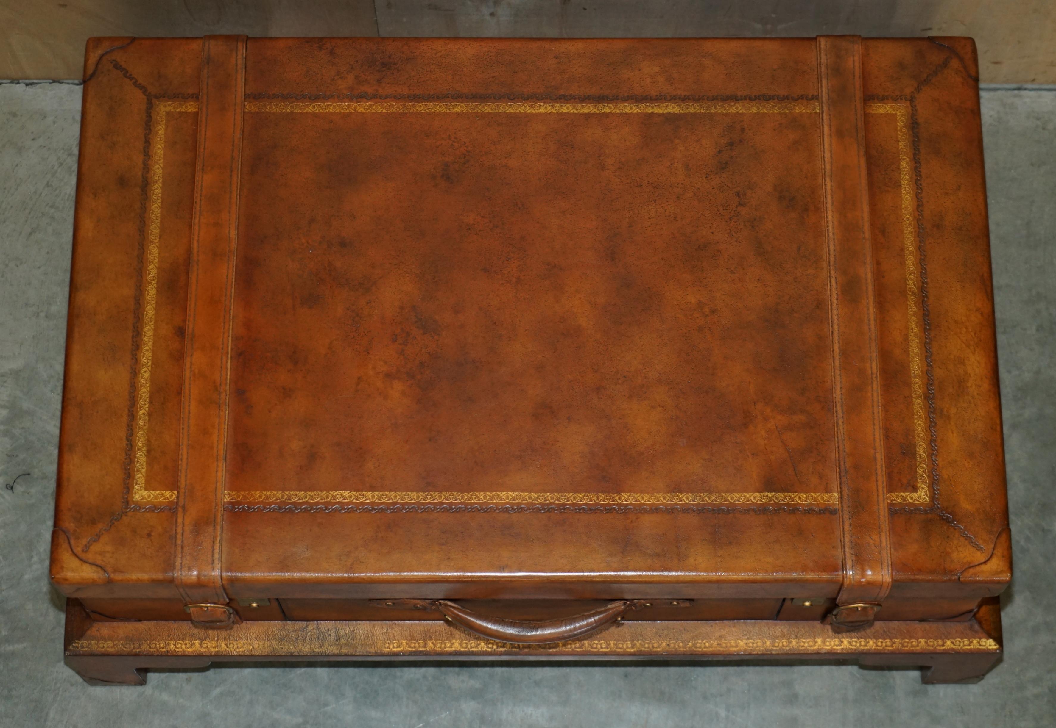 Lovely Hand Dyed Brown Saddle Leather Suitcase Trunk Single Drawer Coffee Table 4