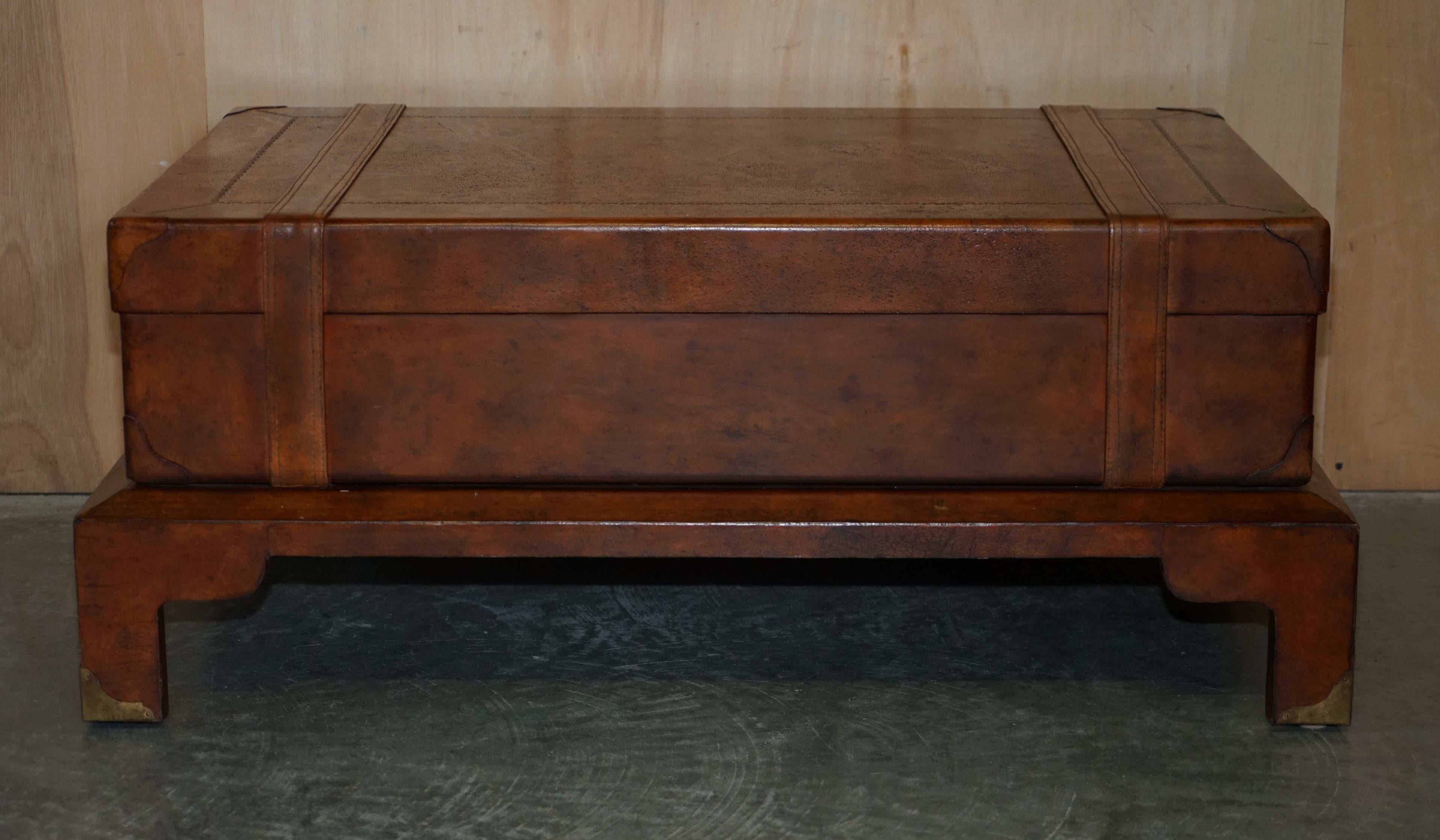 Lovely Hand Dyed Brown Saddle Leather Suitcase Trunk Single Drawer Coffee Table 6