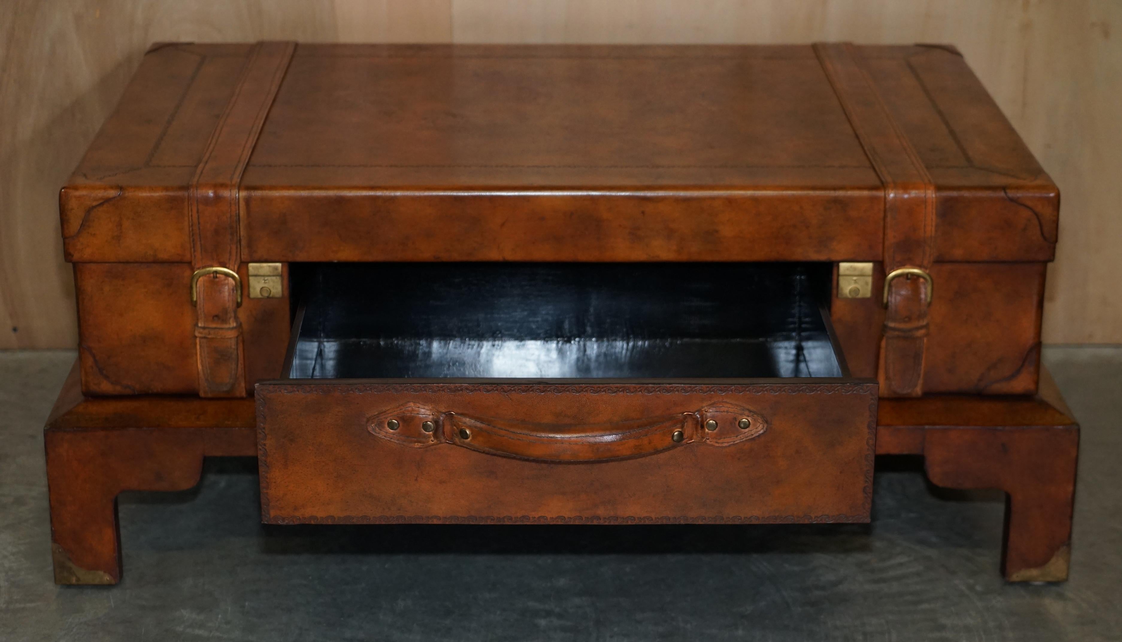Lovely Hand Dyed Brown Saddle Leather Suitcase Trunk Single Drawer Coffee Table 9