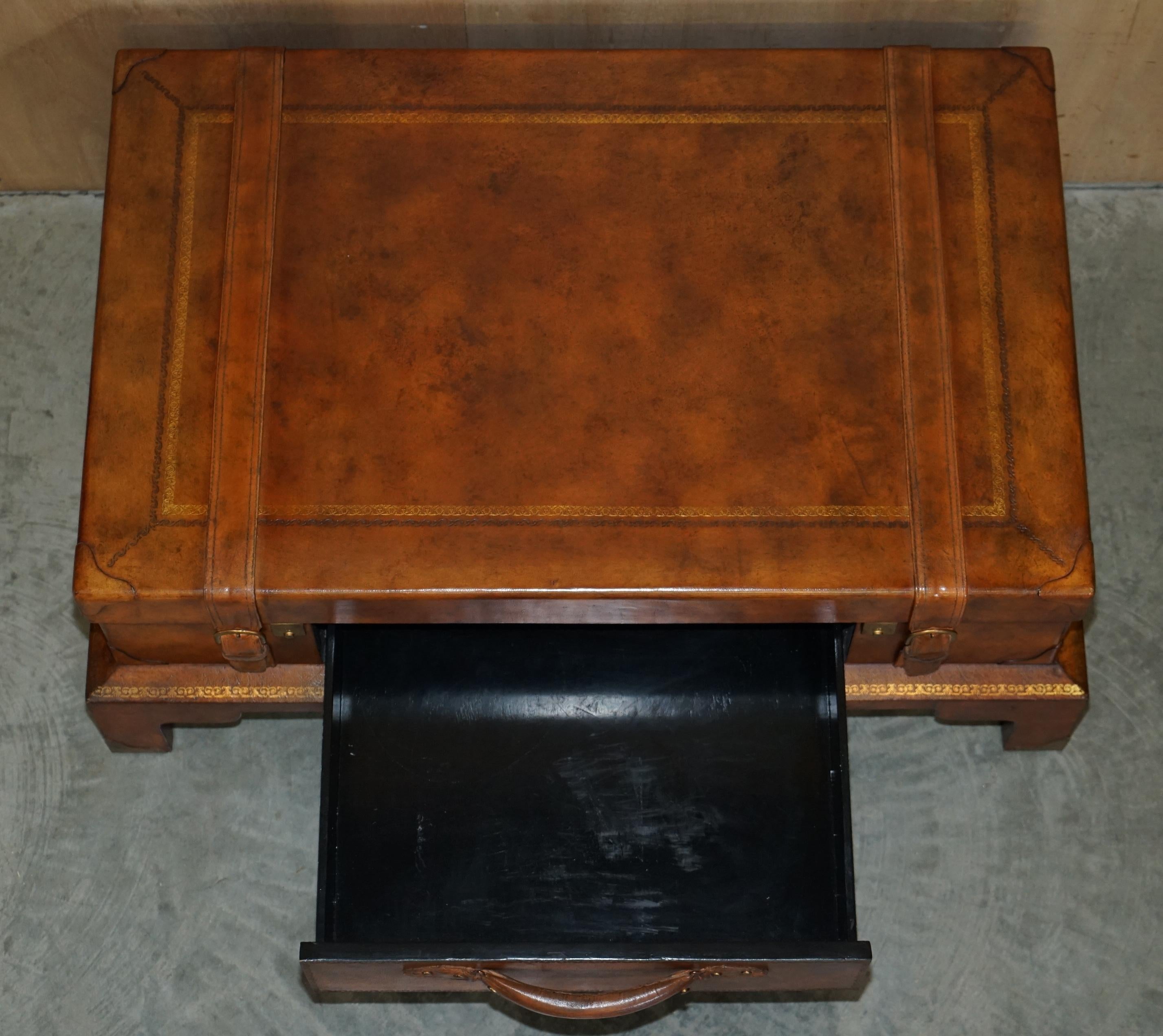 Lovely Hand Dyed Brown Saddle Leather Suitcase Trunk Single Drawer Coffee Table 10