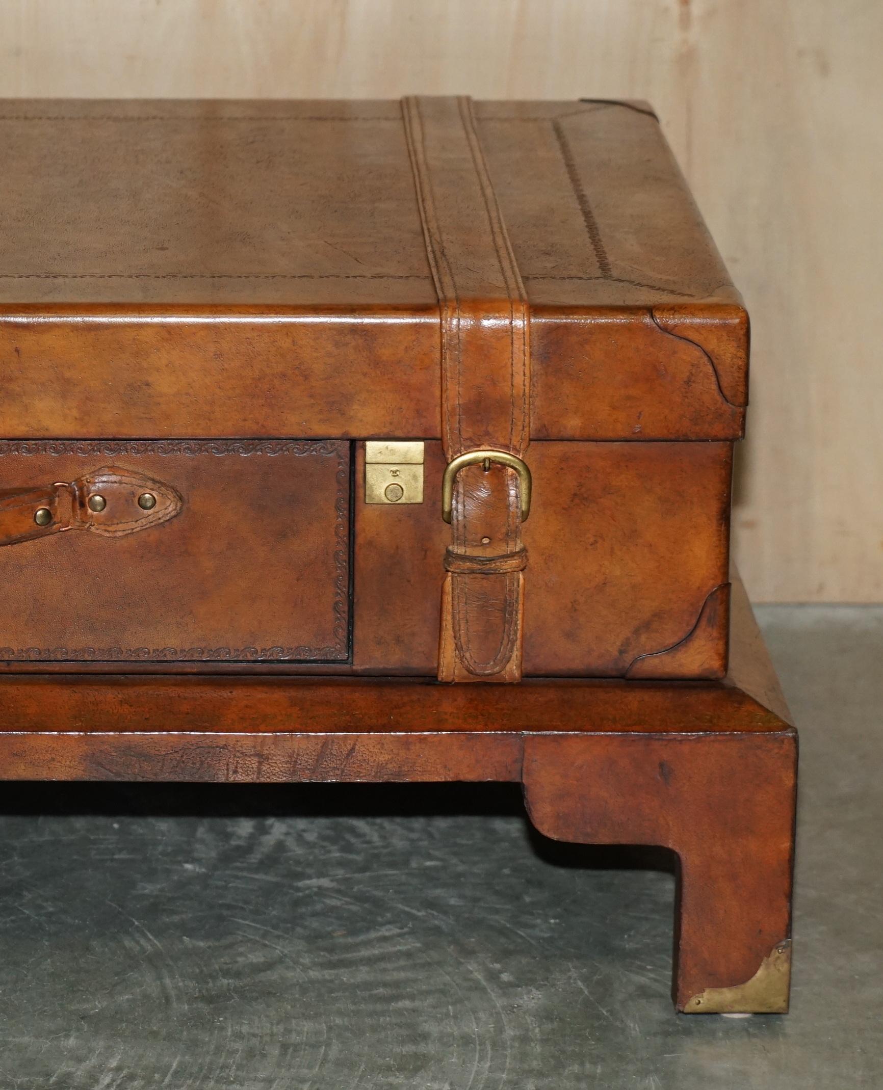 Mid-Century Modern Lovely Hand Dyed Brown Saddle Leather Suitcase Trunk Single Drawer Coffee Table