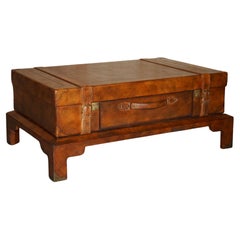 Lovely Hand Dyed Brown Saddle Leather Suitcase Trunk Single Drawer Coffee Table