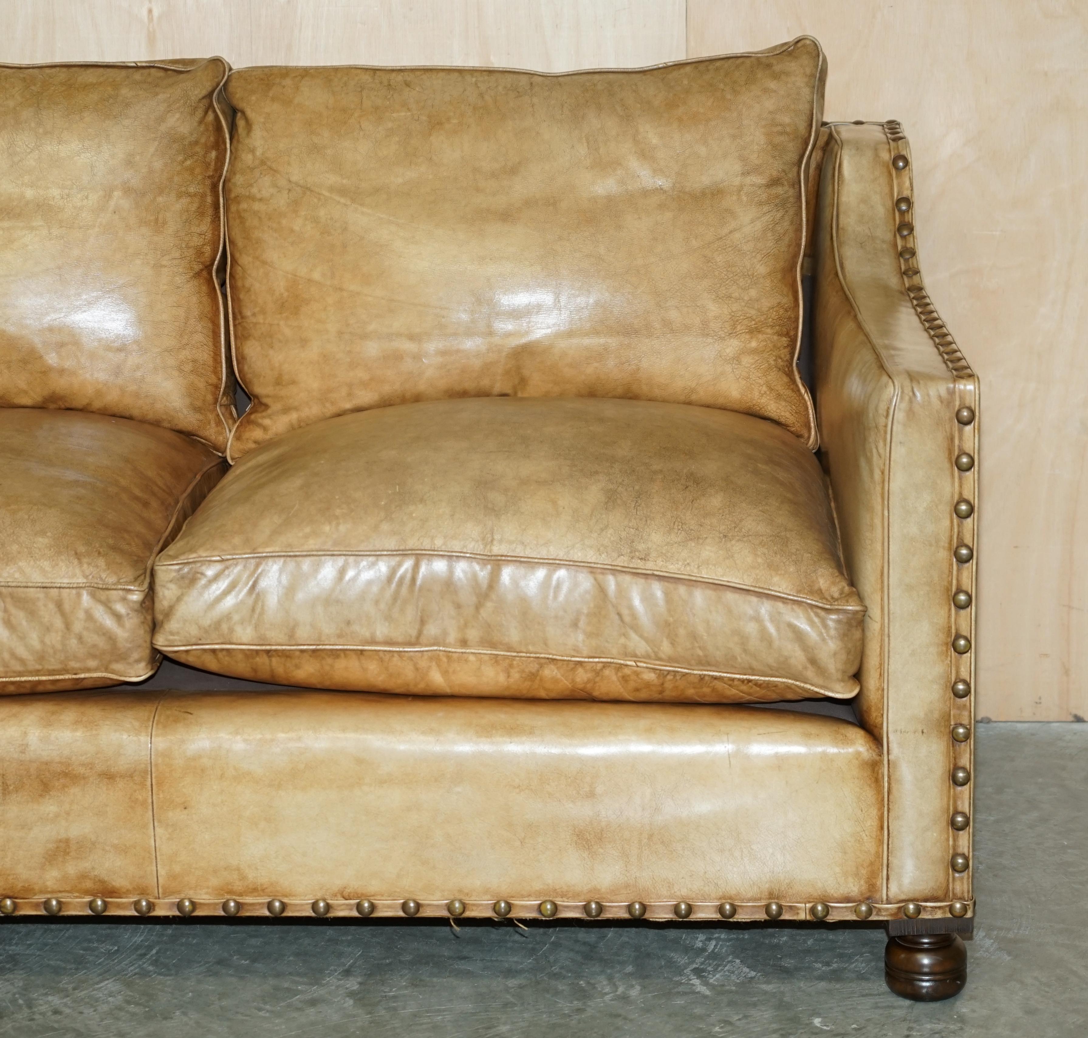 Lovely Hand Dyed Heritage Brown Leather Edwardian Style Studded Two Seat Sofa For Sale 5