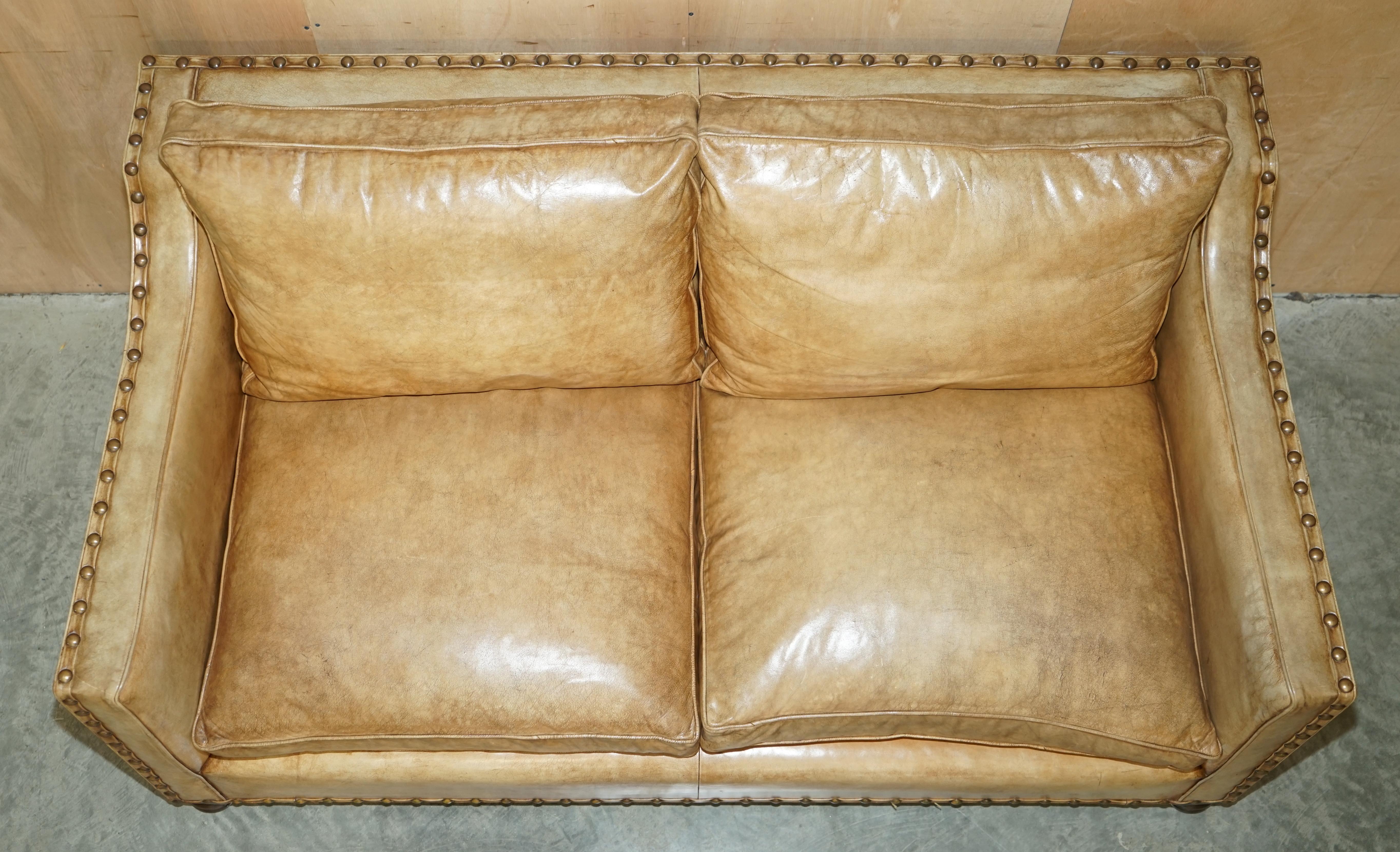 Lovely Hand Dyed Heritage Brown Leather Edwardian Style Studded Two Seat Sofa For Sale 8