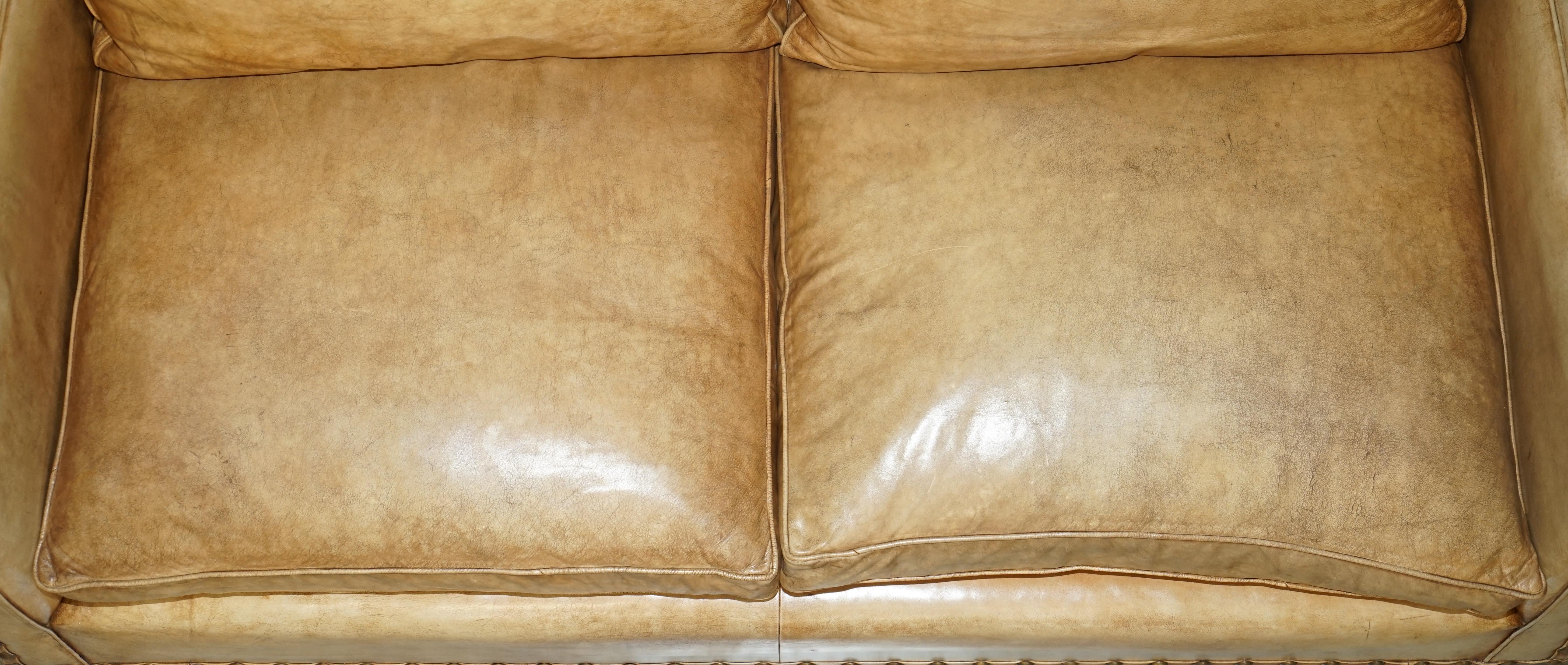 Lovely Hand Dyed Heritage Brown Leather Edwardian Style Studded Two Seat Sofa For Sale 9