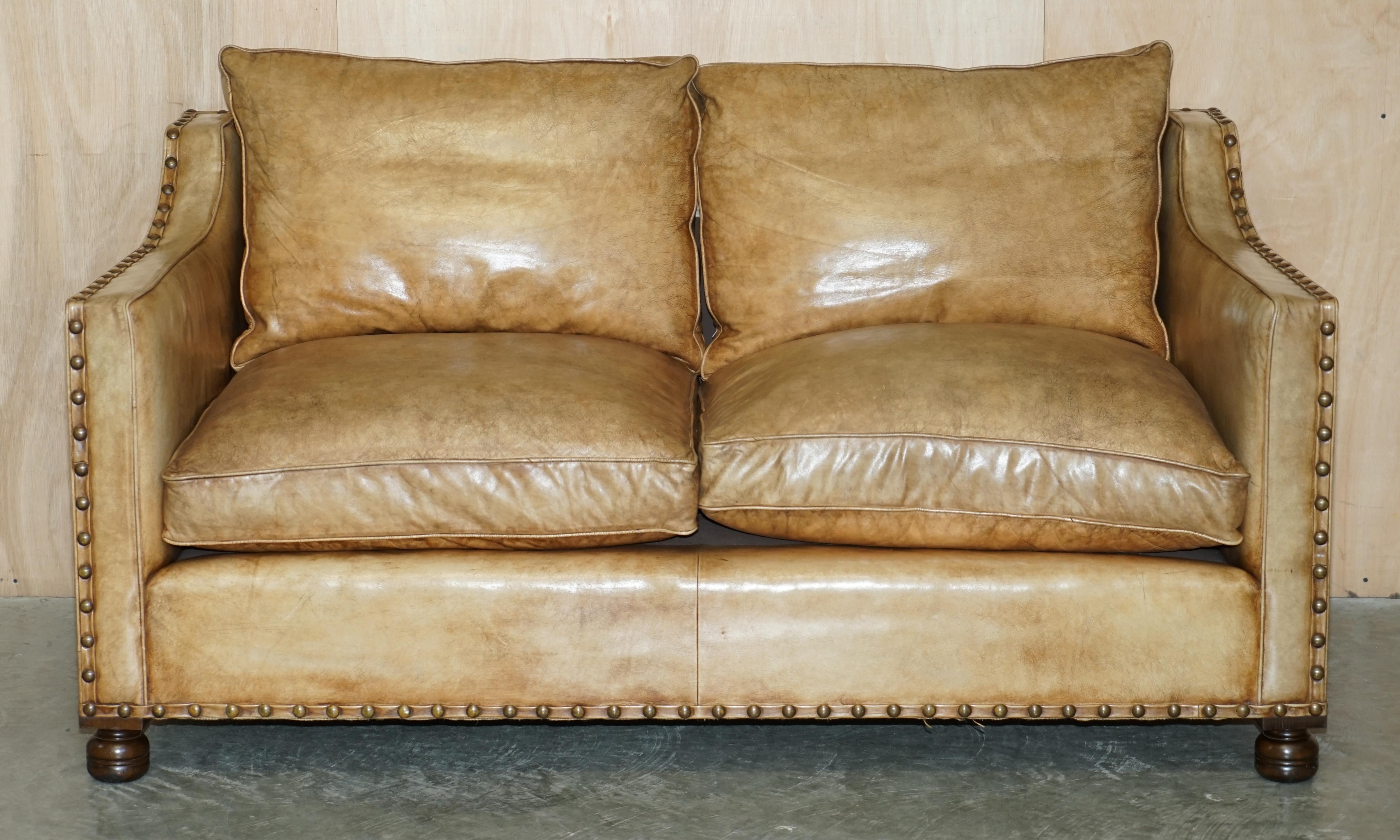English Lovely Hand Dyed Heritage Brown Leather Edwardian Style Studded Two Seat Sofa For Sale