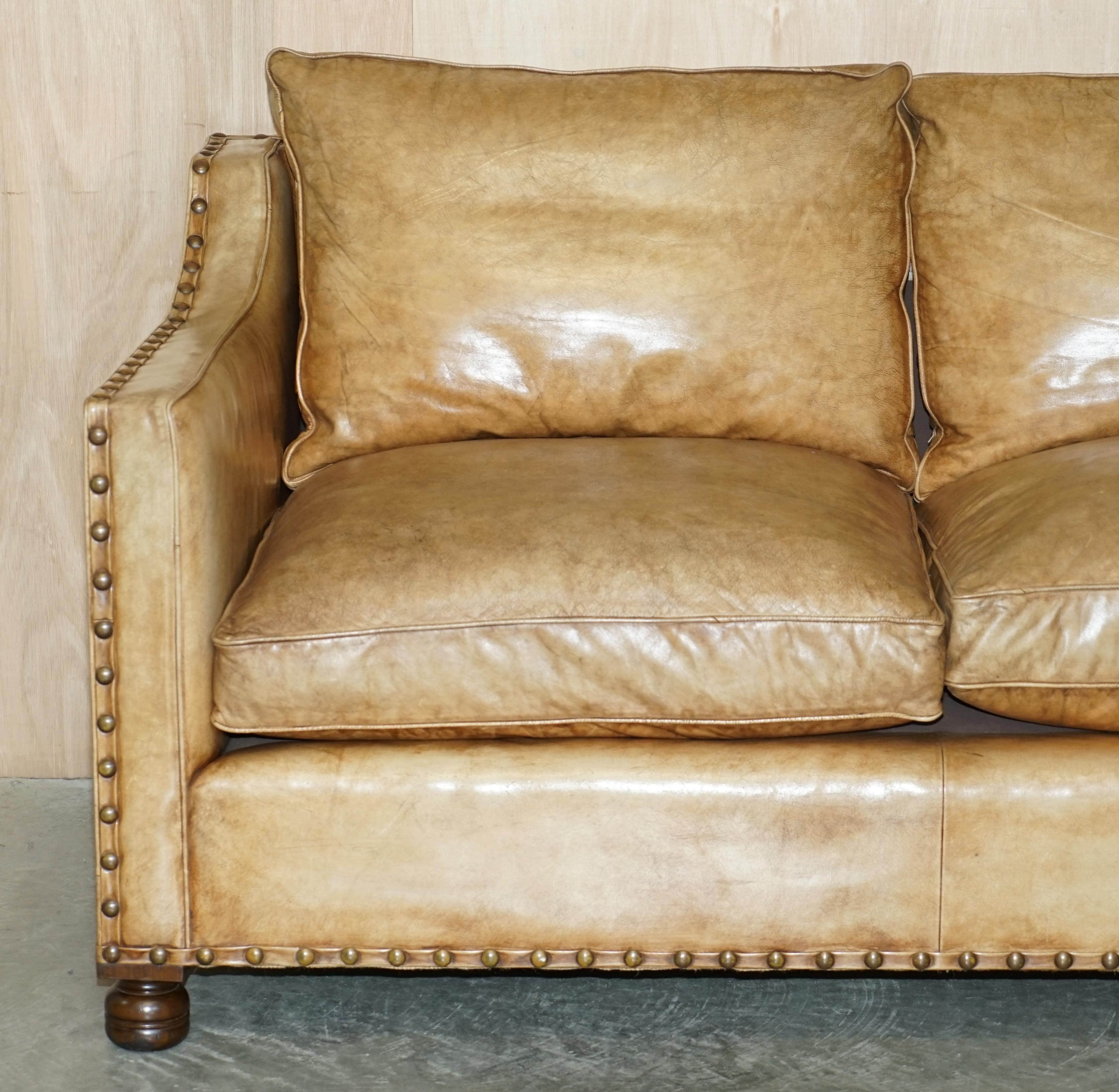 Hand-Crafted Lovely Hand Dyed Heritage Brown Leather Edwardian Style Studded Two Seat Sofa For Sale