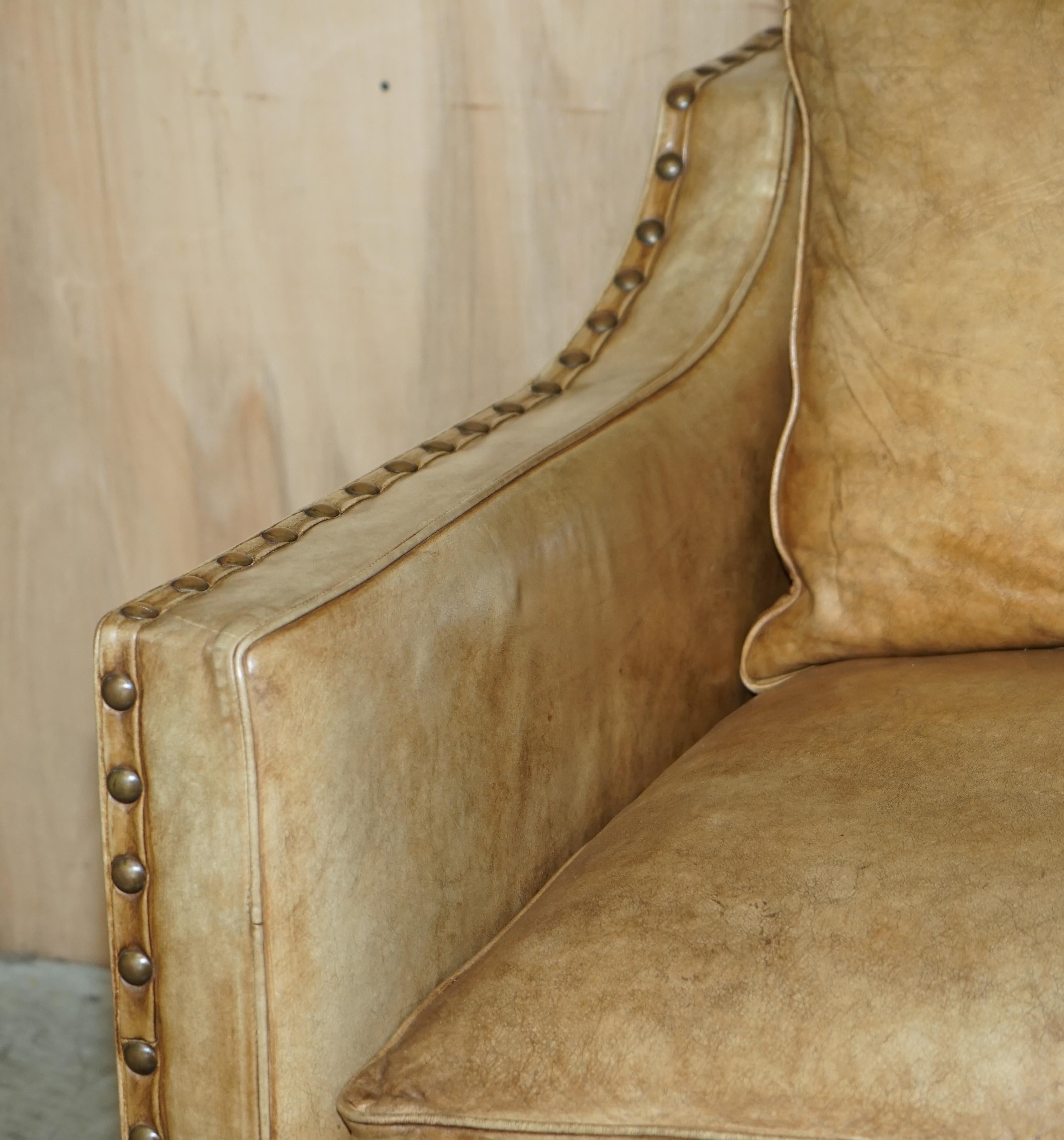 Lovely Hand Dyed Heritage Brown Leather Edwardian Style Studded Two Seat Sofa For Sale 1