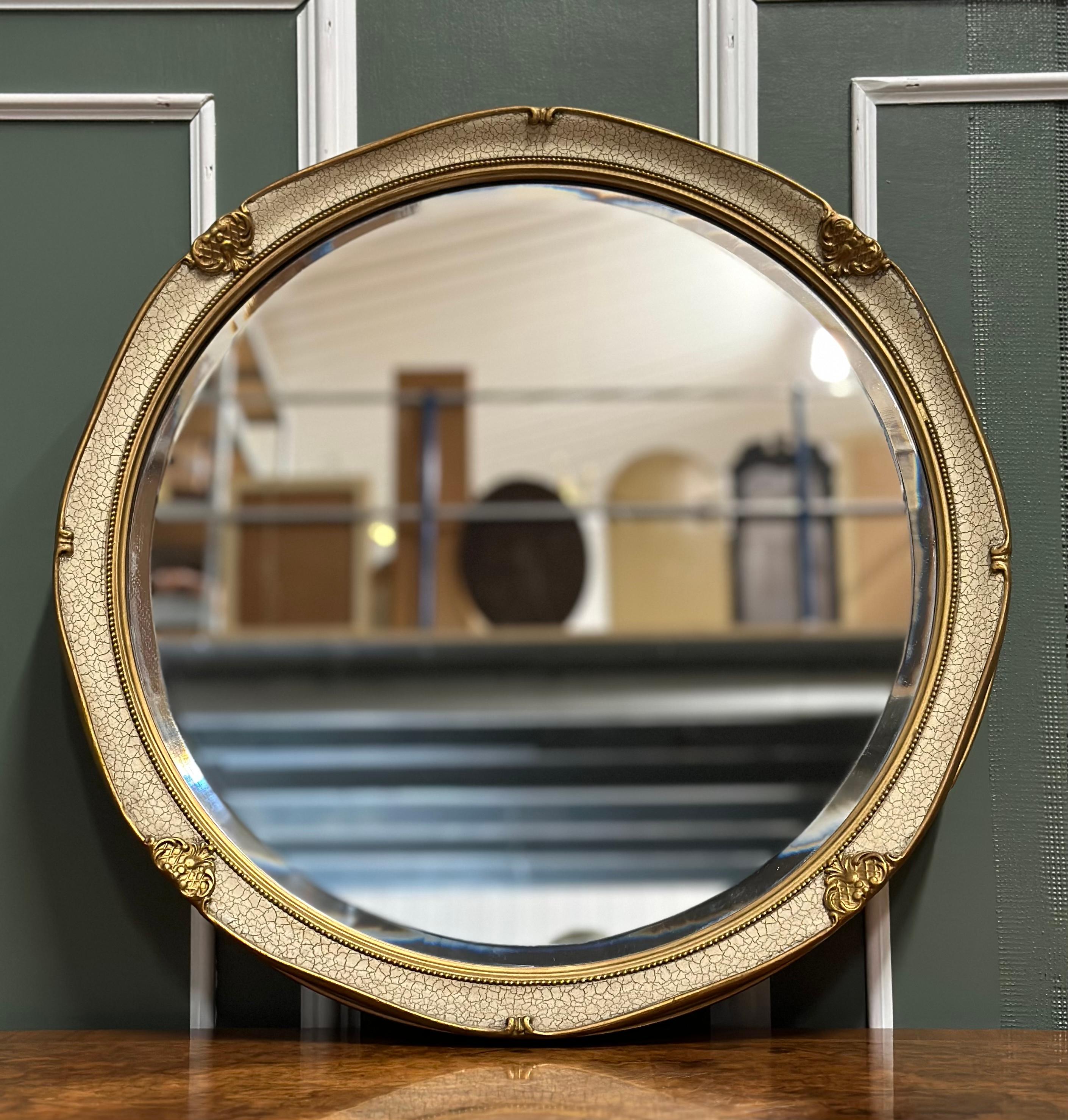 Hand-Crafted Lovely Hand Painted White Round Wall Mirror with Gilt Detail For Sale