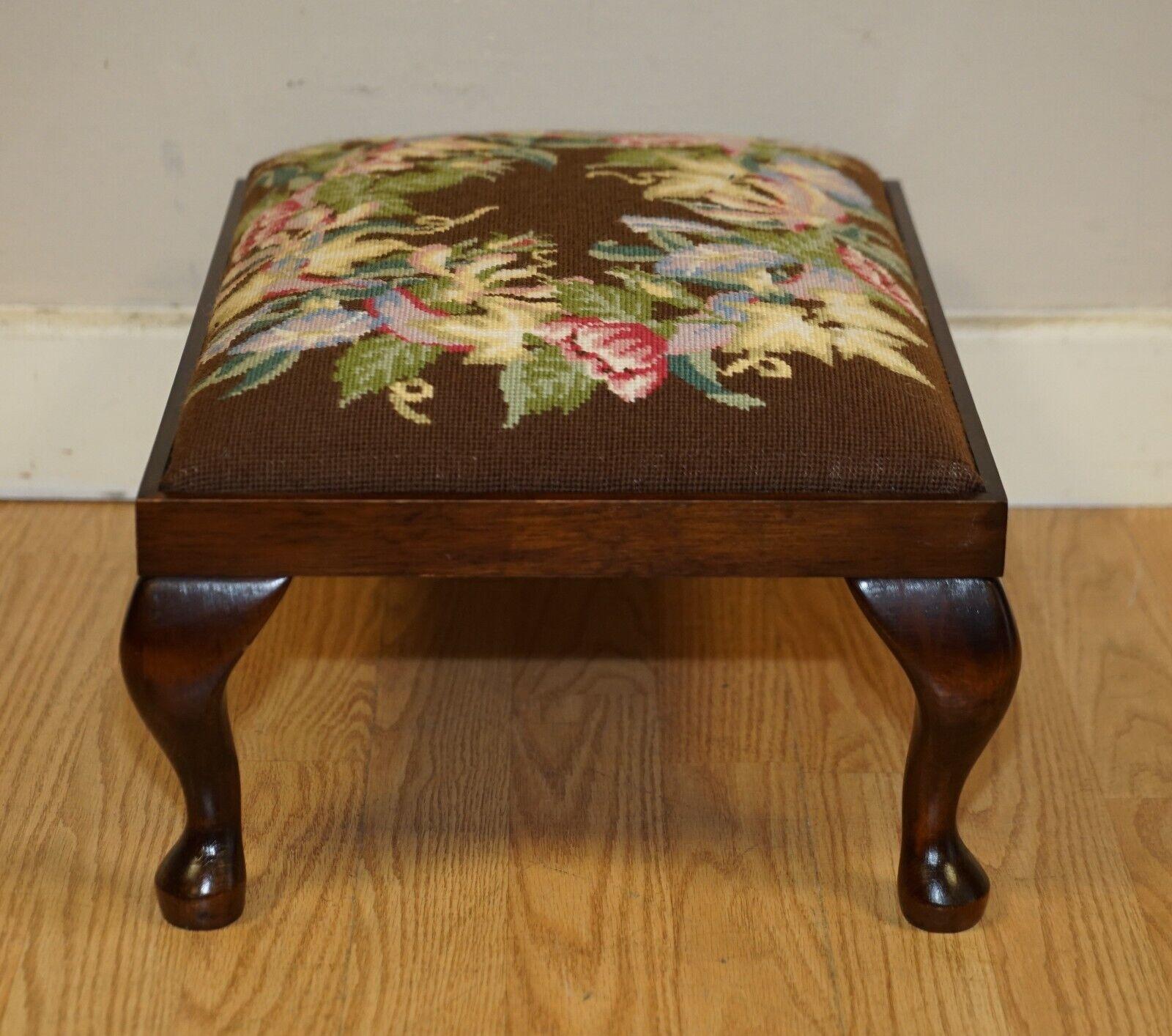 Victorian Lovely Hardwood and Embroidered Floral Vintage Footstool Stool For Sale