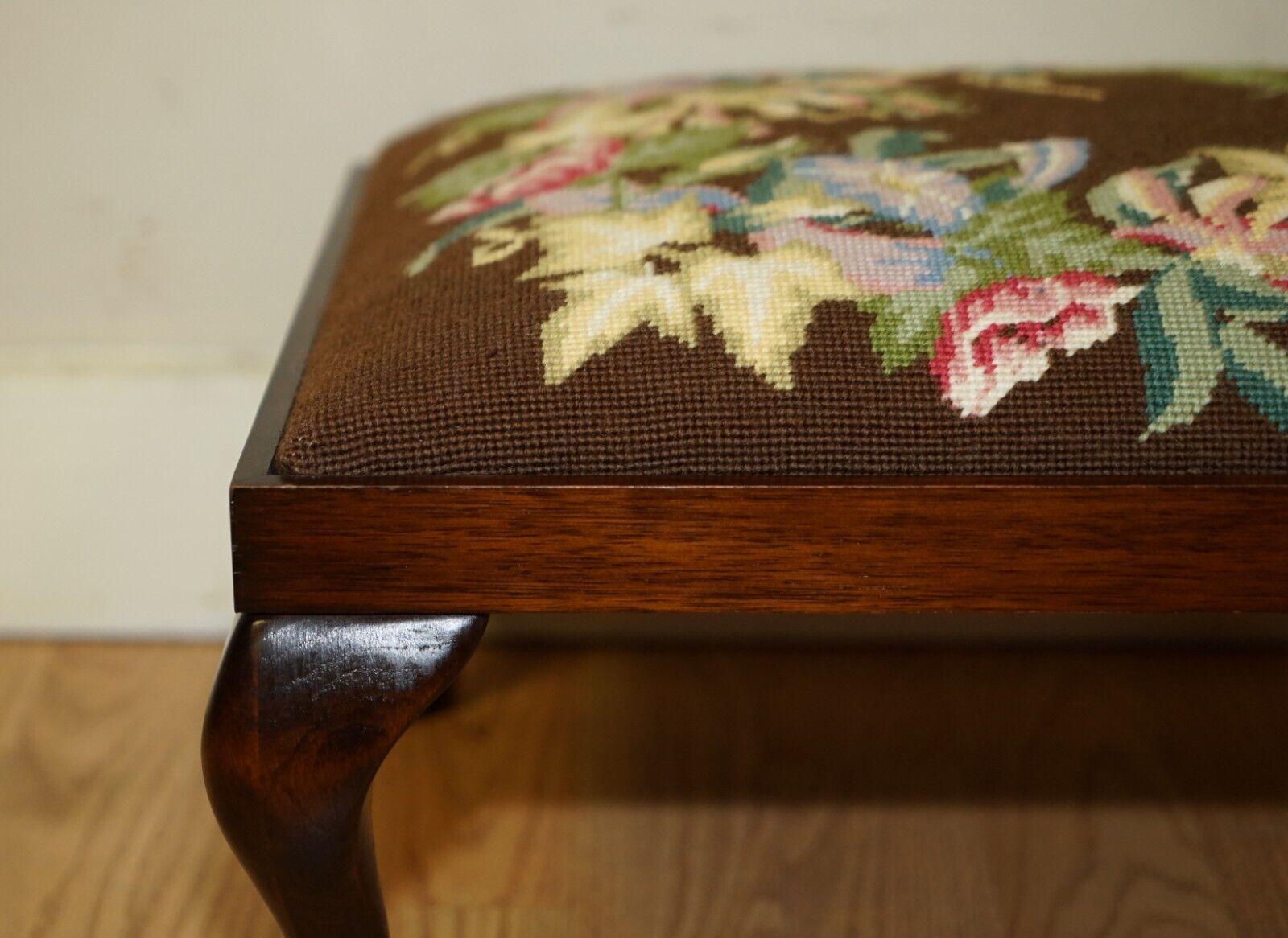 English Lovely Hardwood and Embroidered Floral Vintage Footstool Stool For Sale